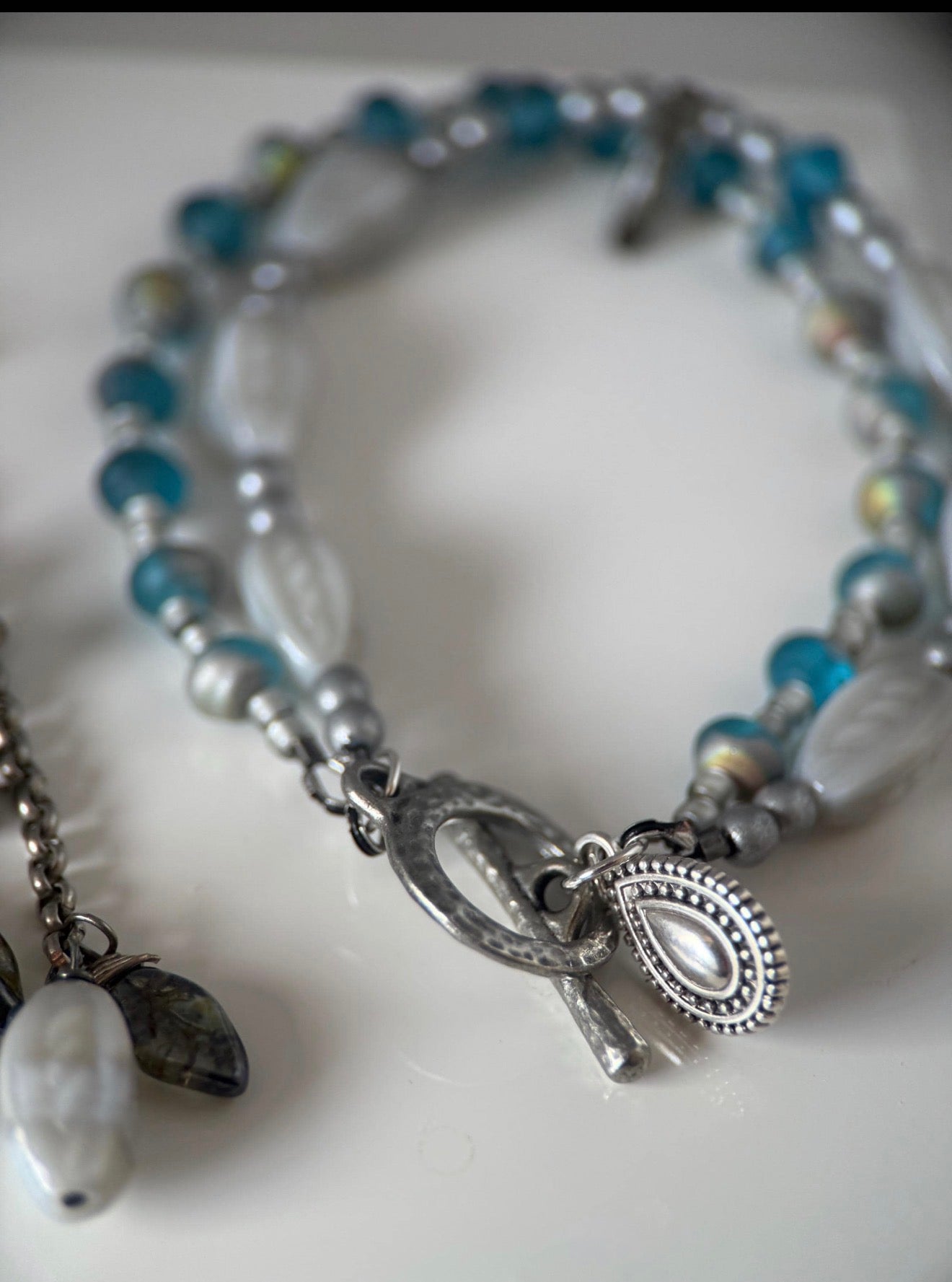 Medium Silver & Teal Czech Glass Earrings and Double Strand Bracelet