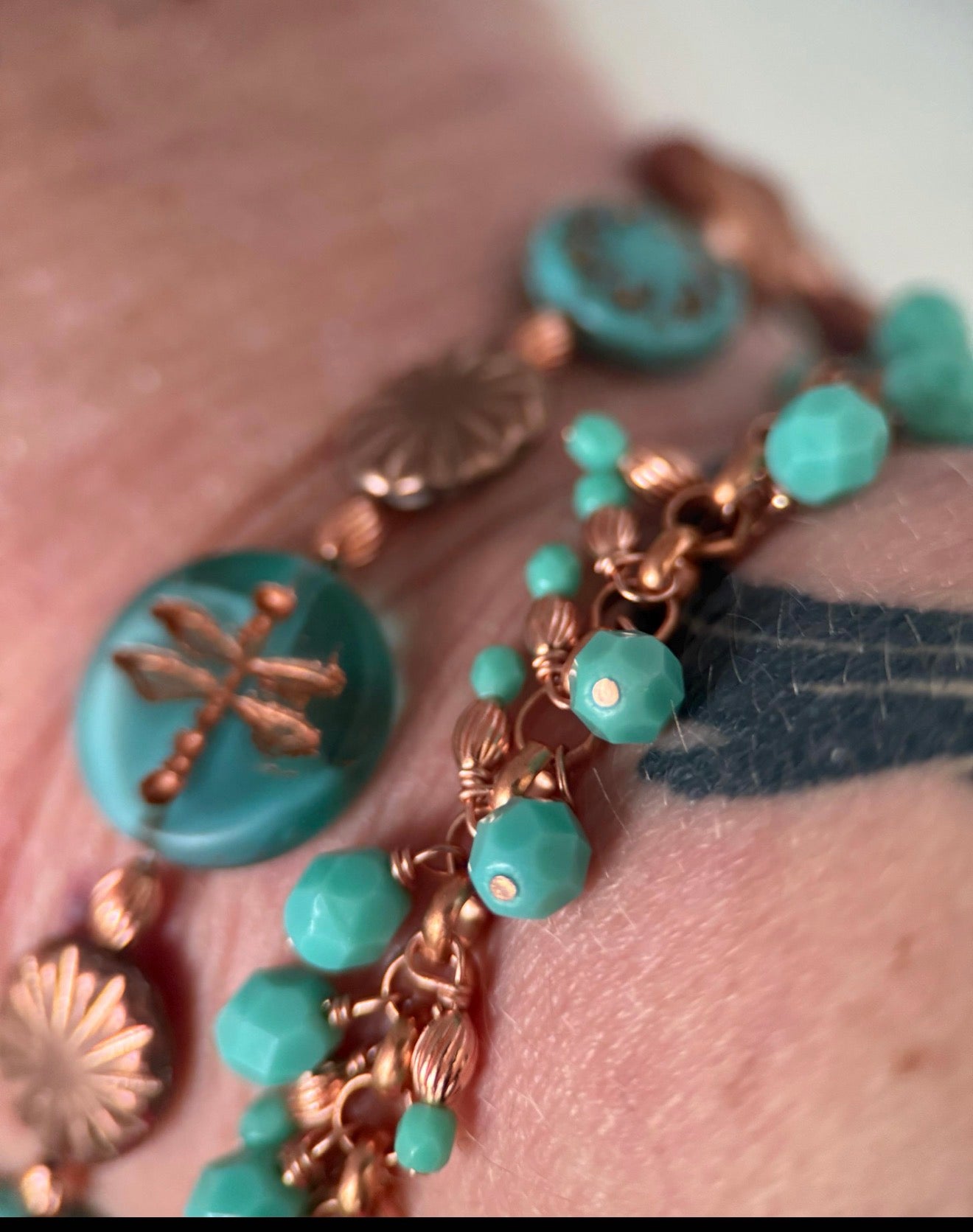 Small Copper & Turquoise Dragonfly Czech Glass Double Strand Bracelet