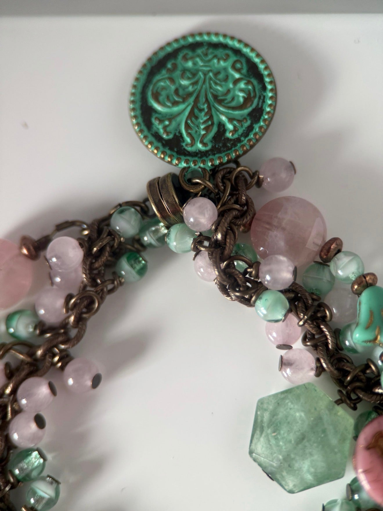 Medium Brass, Rose Quartz, Green Chalcedony and Czech Glass Flower Double Strand Bracelet