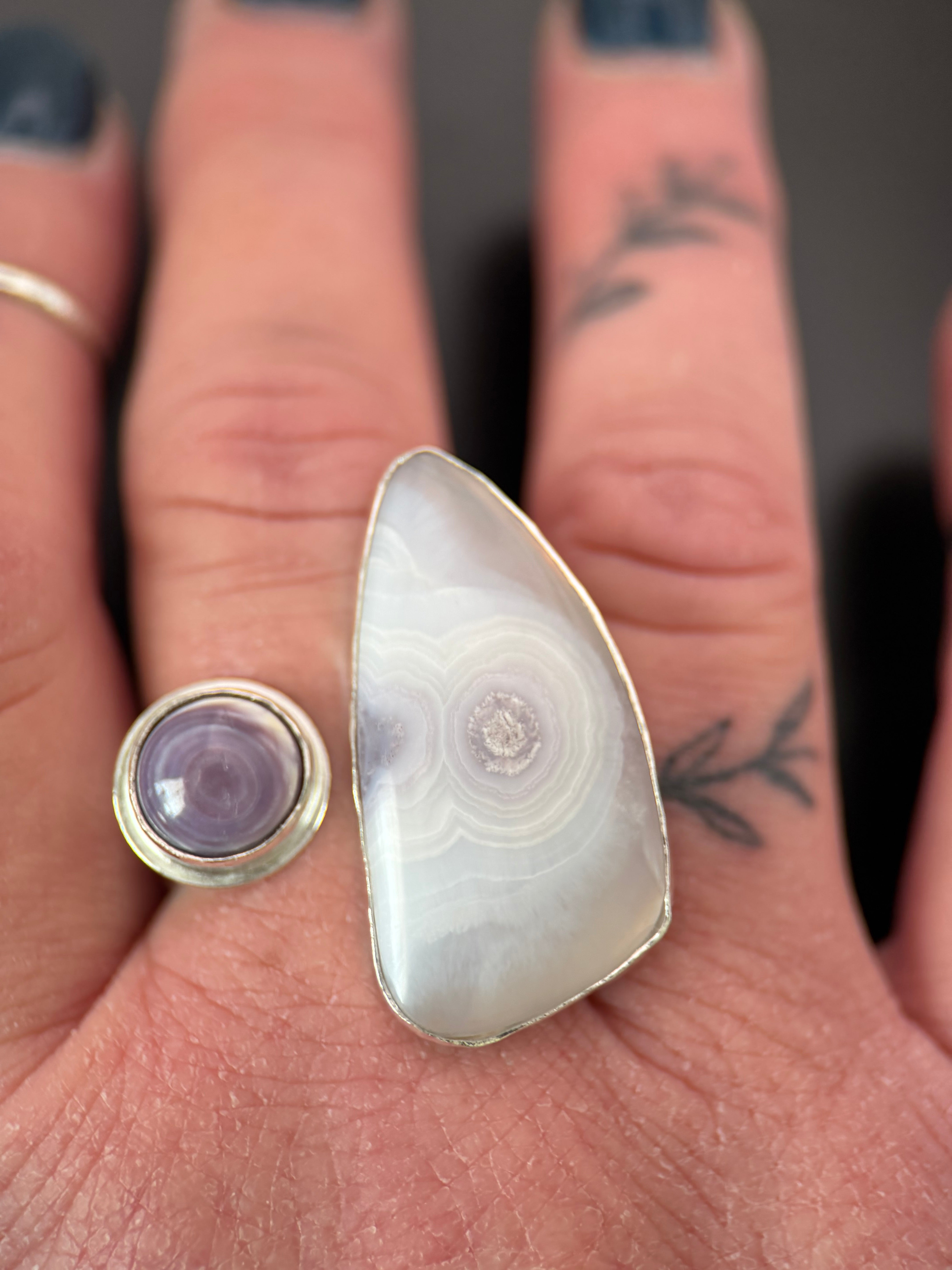 Open Concept Lavender Luna Agate and Wampum Shell Adjustable Ring