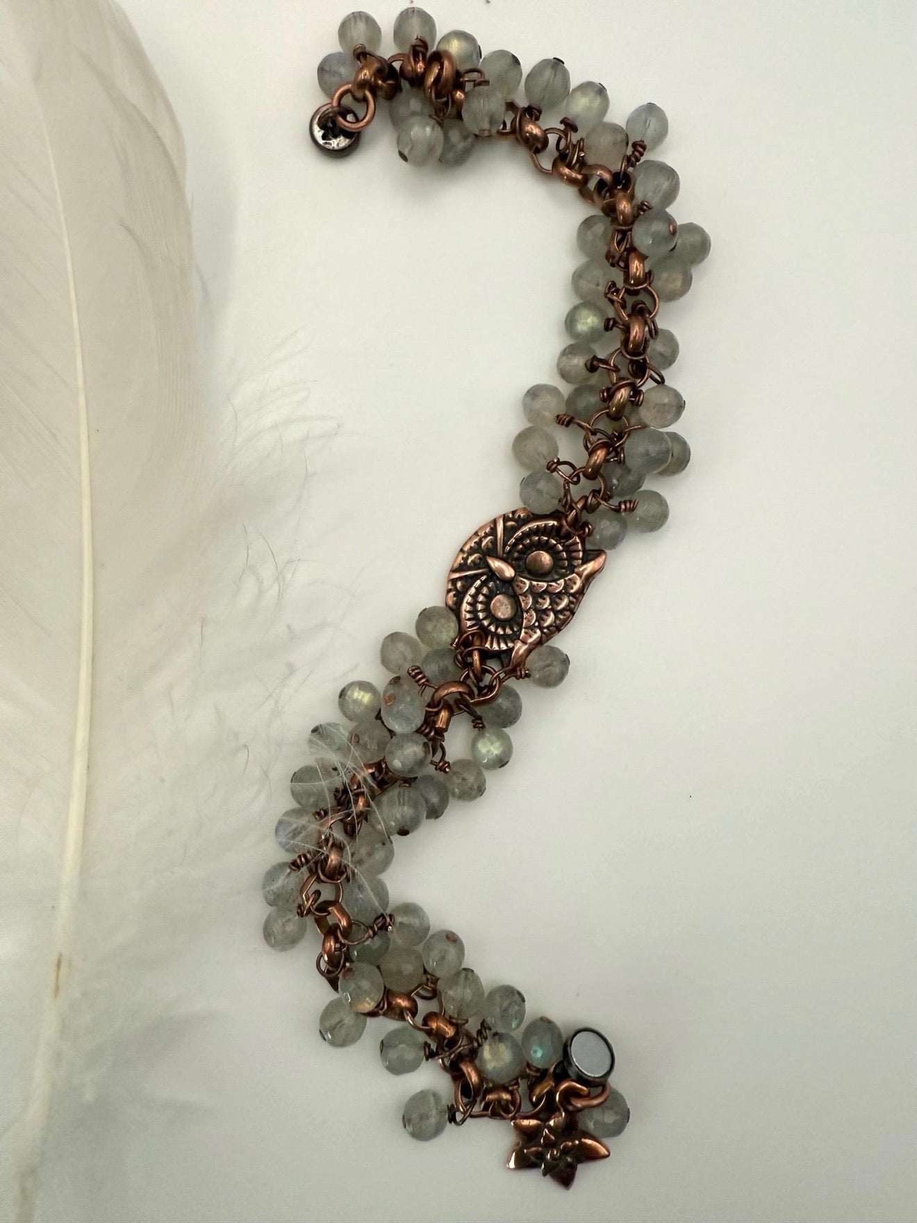 Medium Antique Copper and Labradorite Owl Bracelet