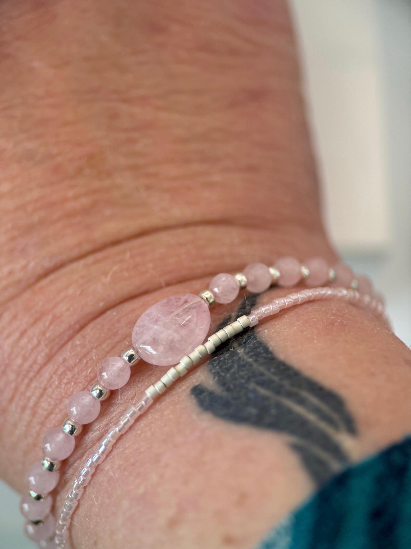 Medium Rose Quartz Breast Cancer Awareness Double Strand Bracelet