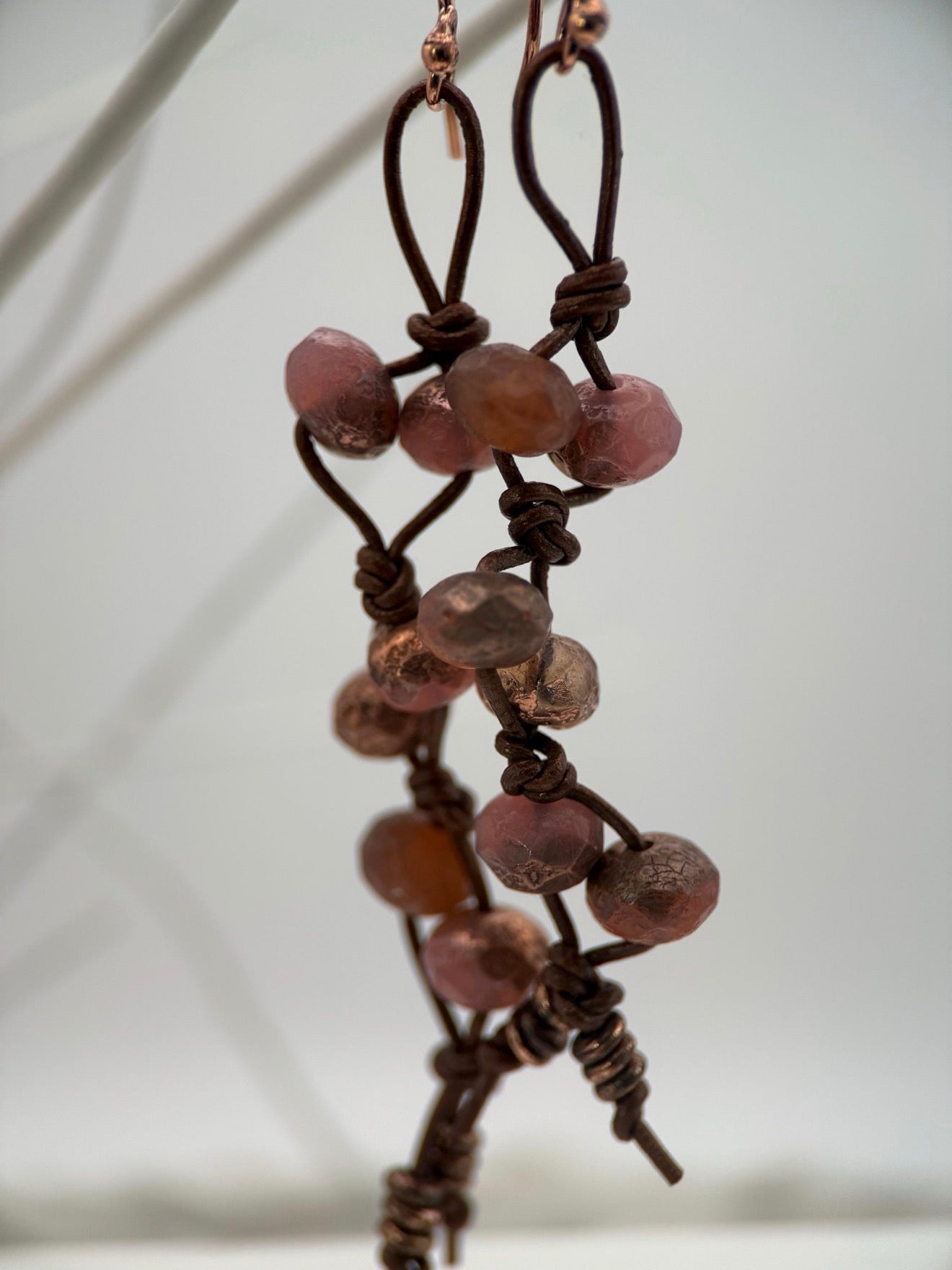 Chocolate Leather and Czech Glass Earthy Pink Earrings