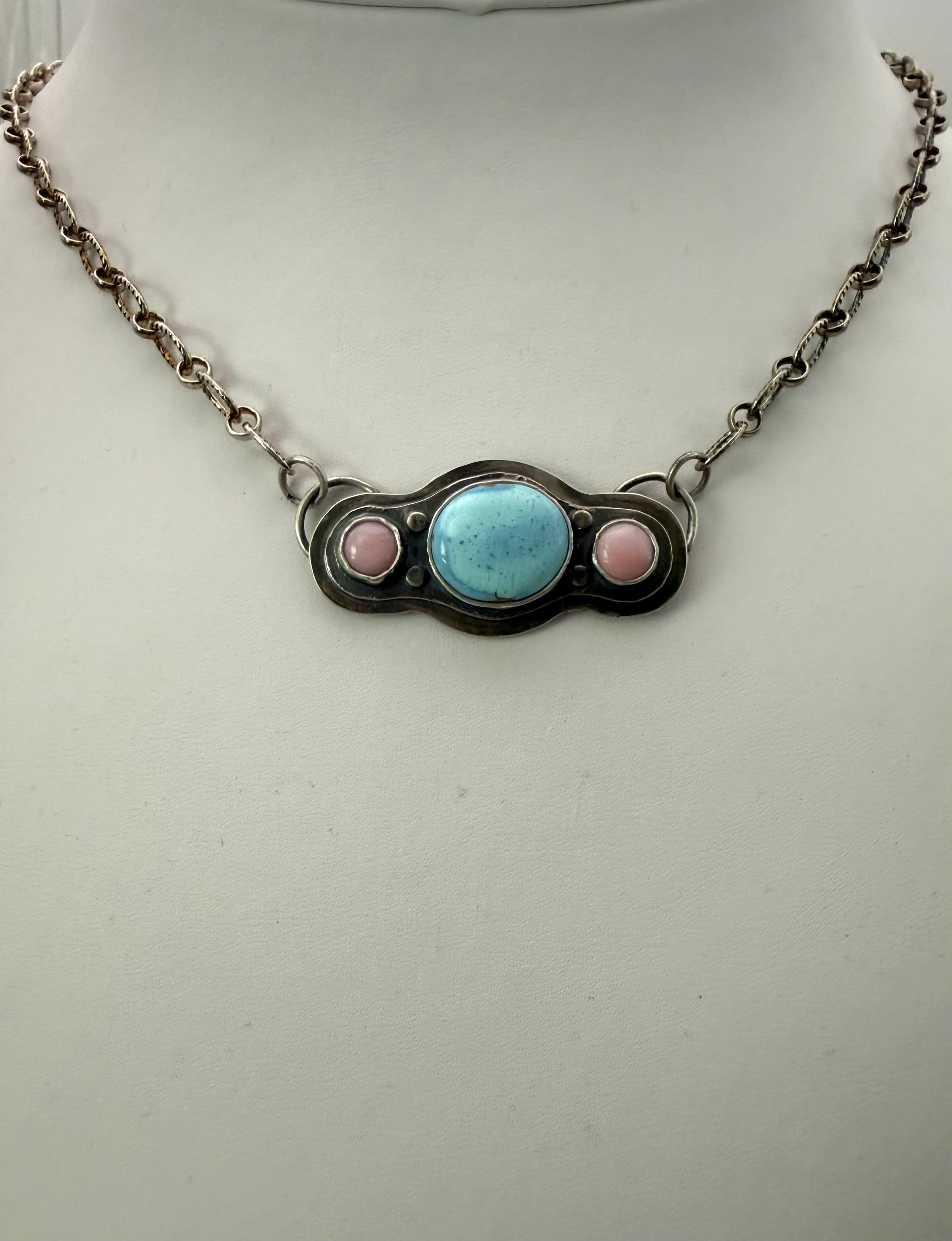Golden Hills Turquoise, Queen pink conch shell and Silver Necklace