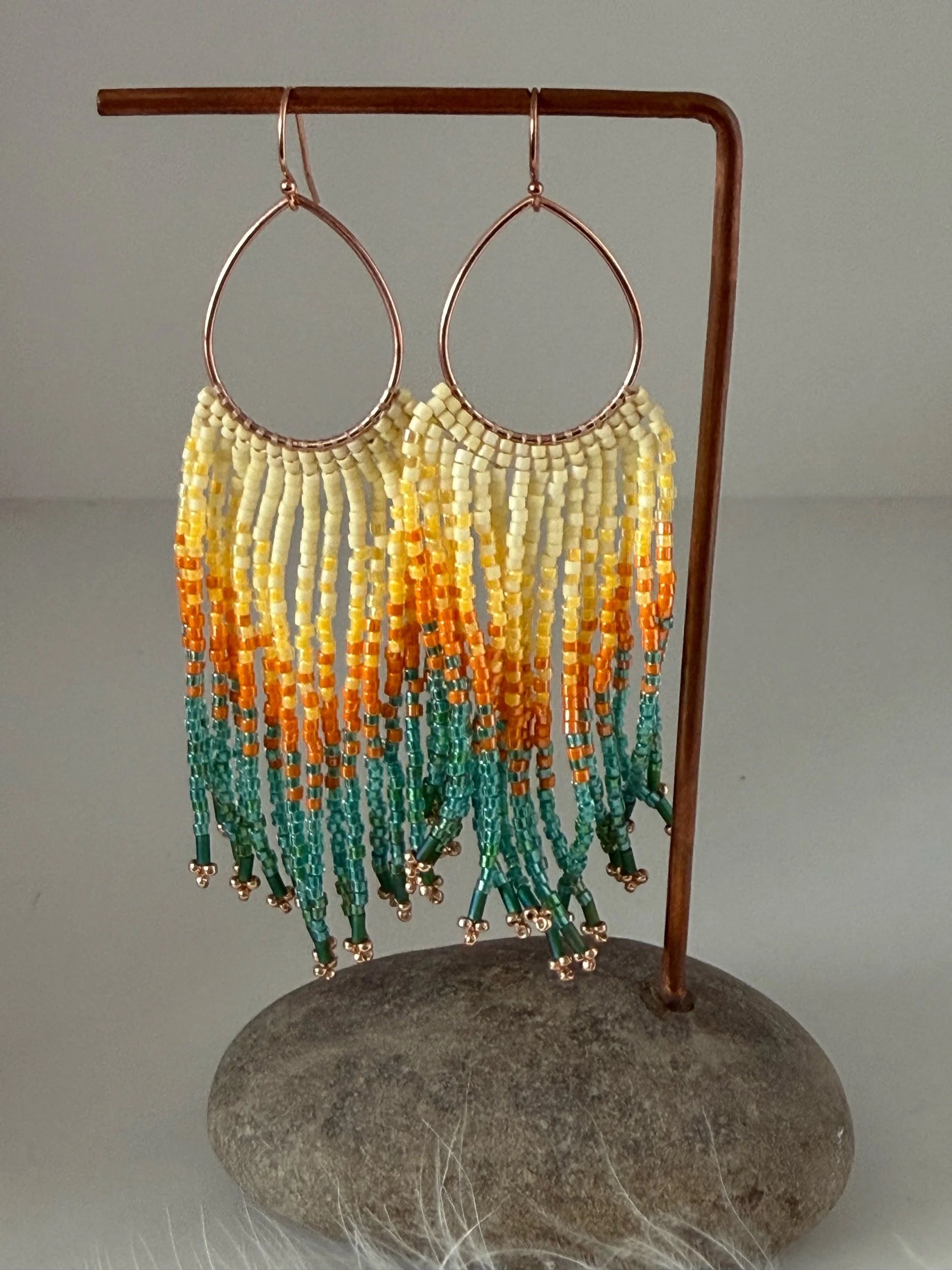 Sunset Yellow and Green Fringe Earrings