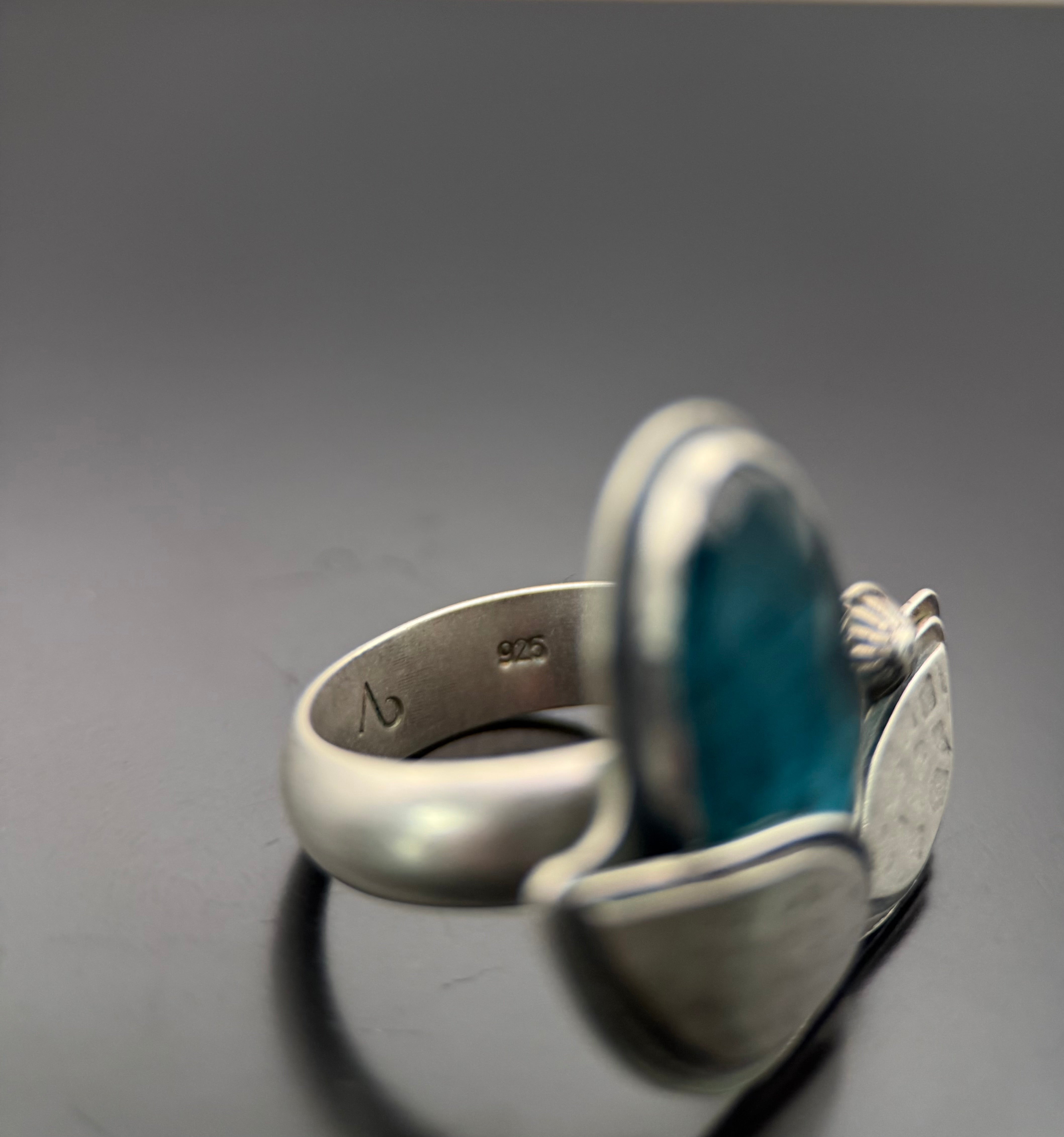 Teal Kyanite and Leaf Silver Ring