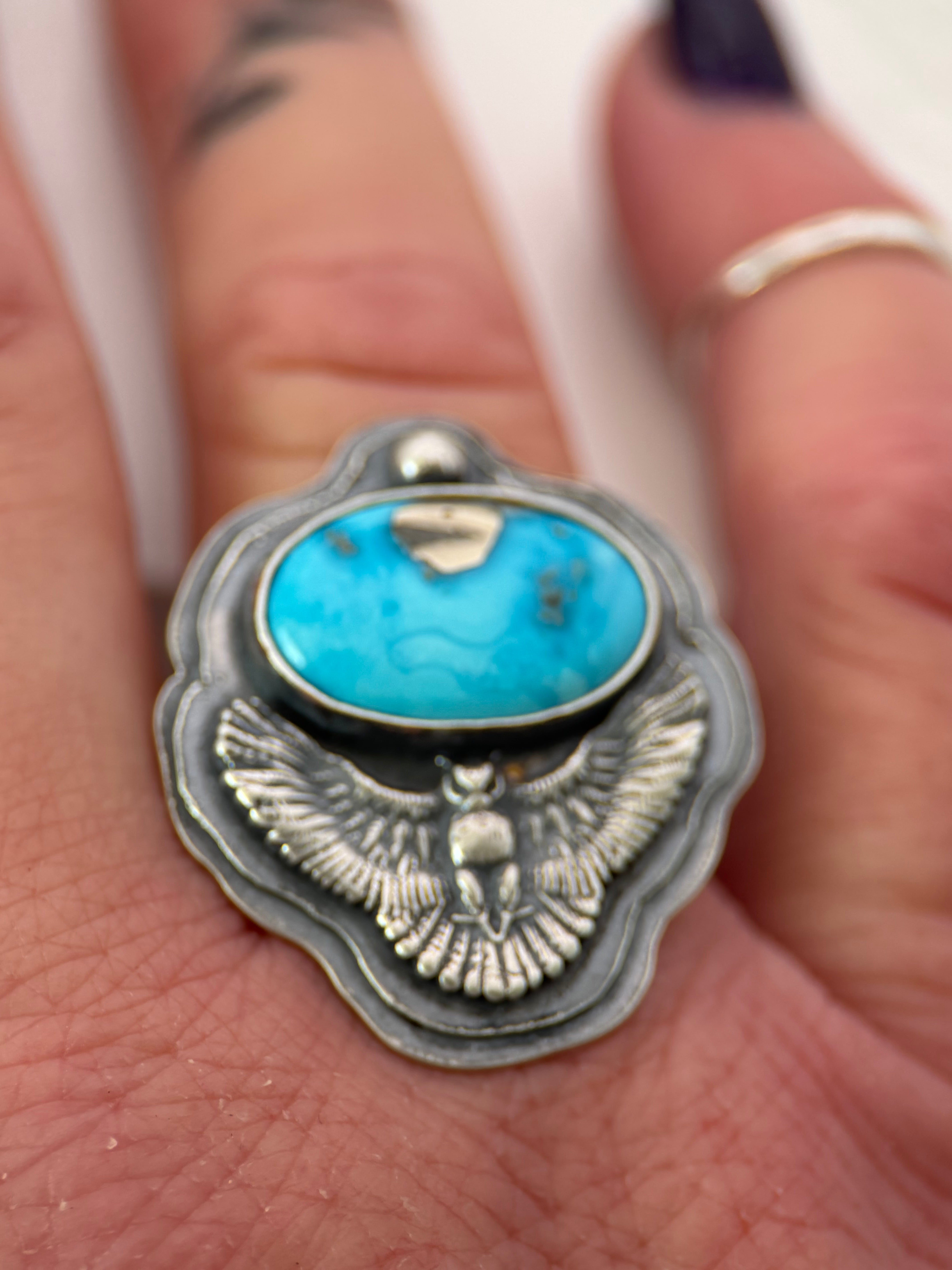 Bluebird Turquoise Silver Owl Ring