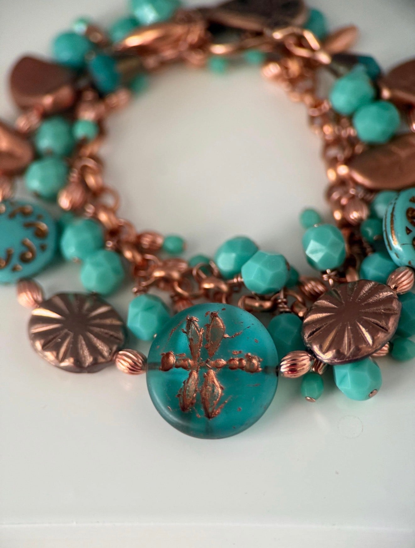 Small Copper & Turquoise Dragonfly Czech Glass Double Strand Bracelet