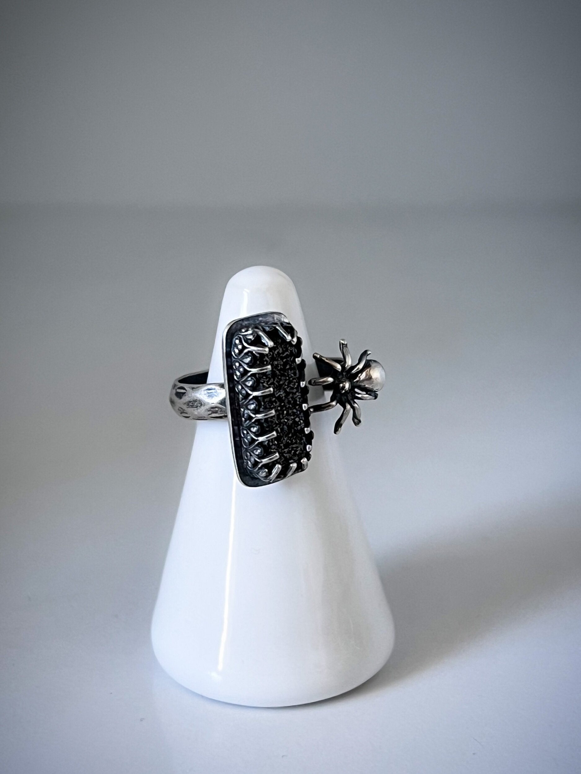 Open Concept Black Knight Druzy & Spider Halloween Ring