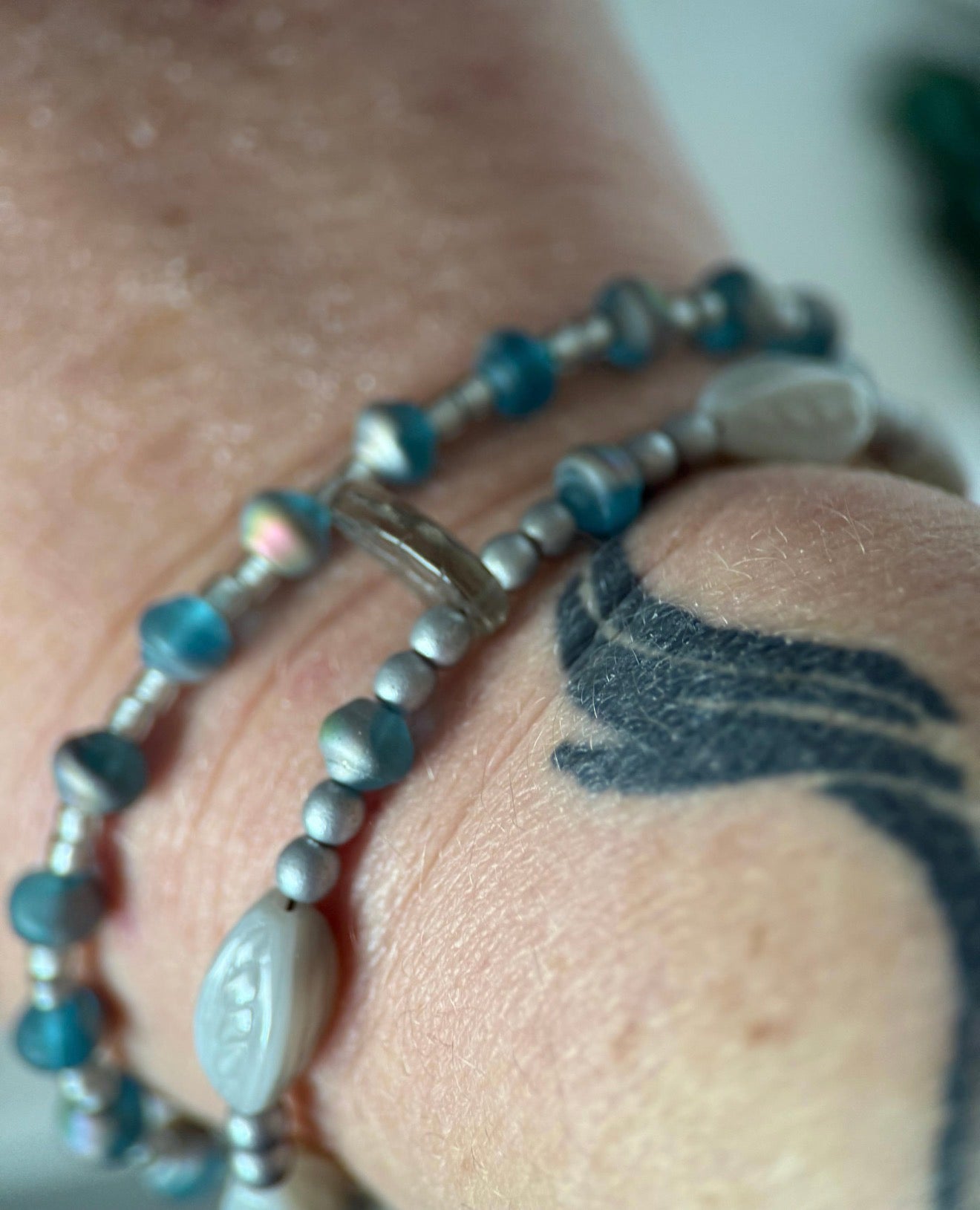 Medium Silver & Teal Czech Glass Earrings and Double Strand Bracelet