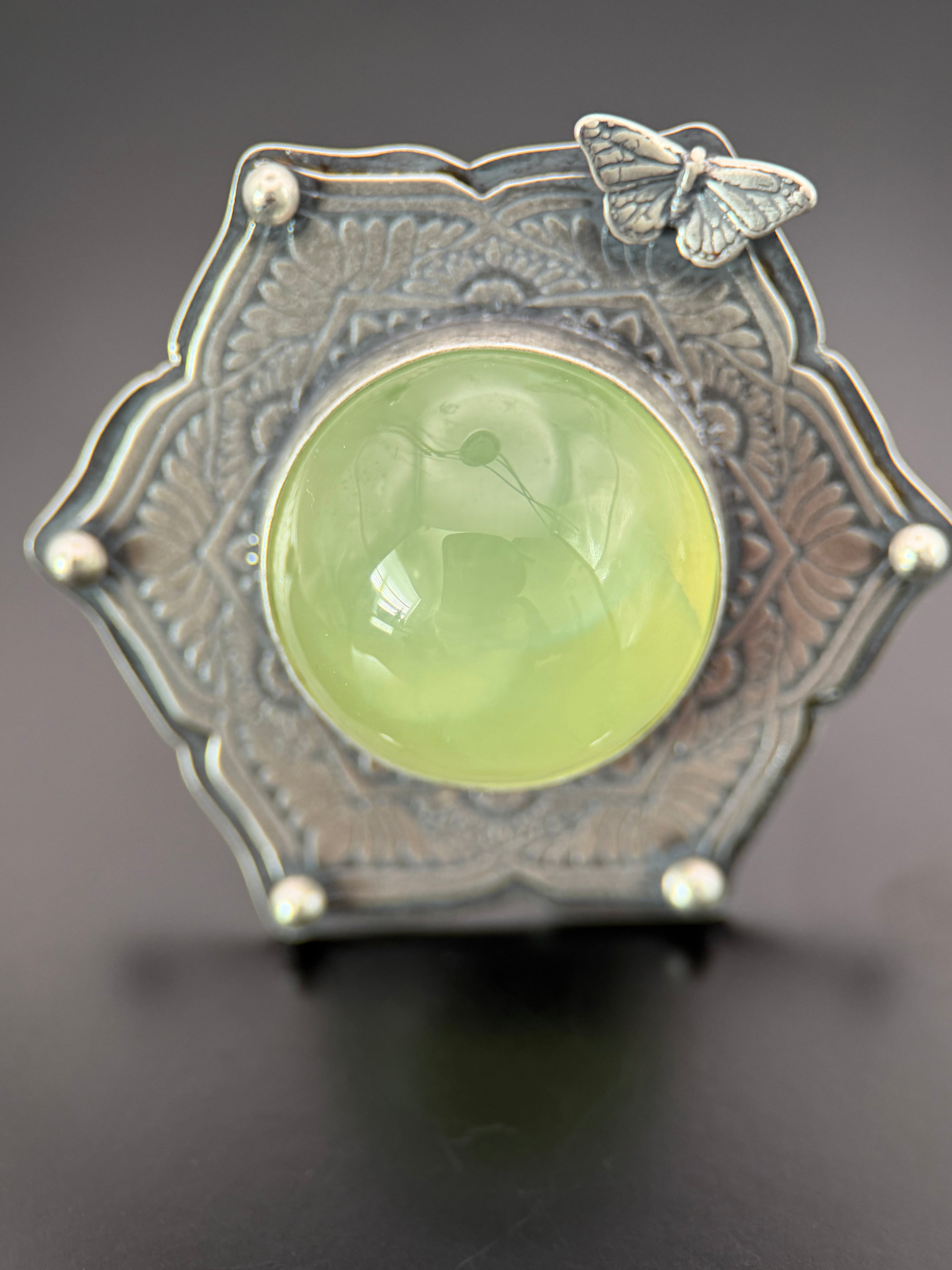 Prehnite Silver Mandala Butterfly Statement Ring