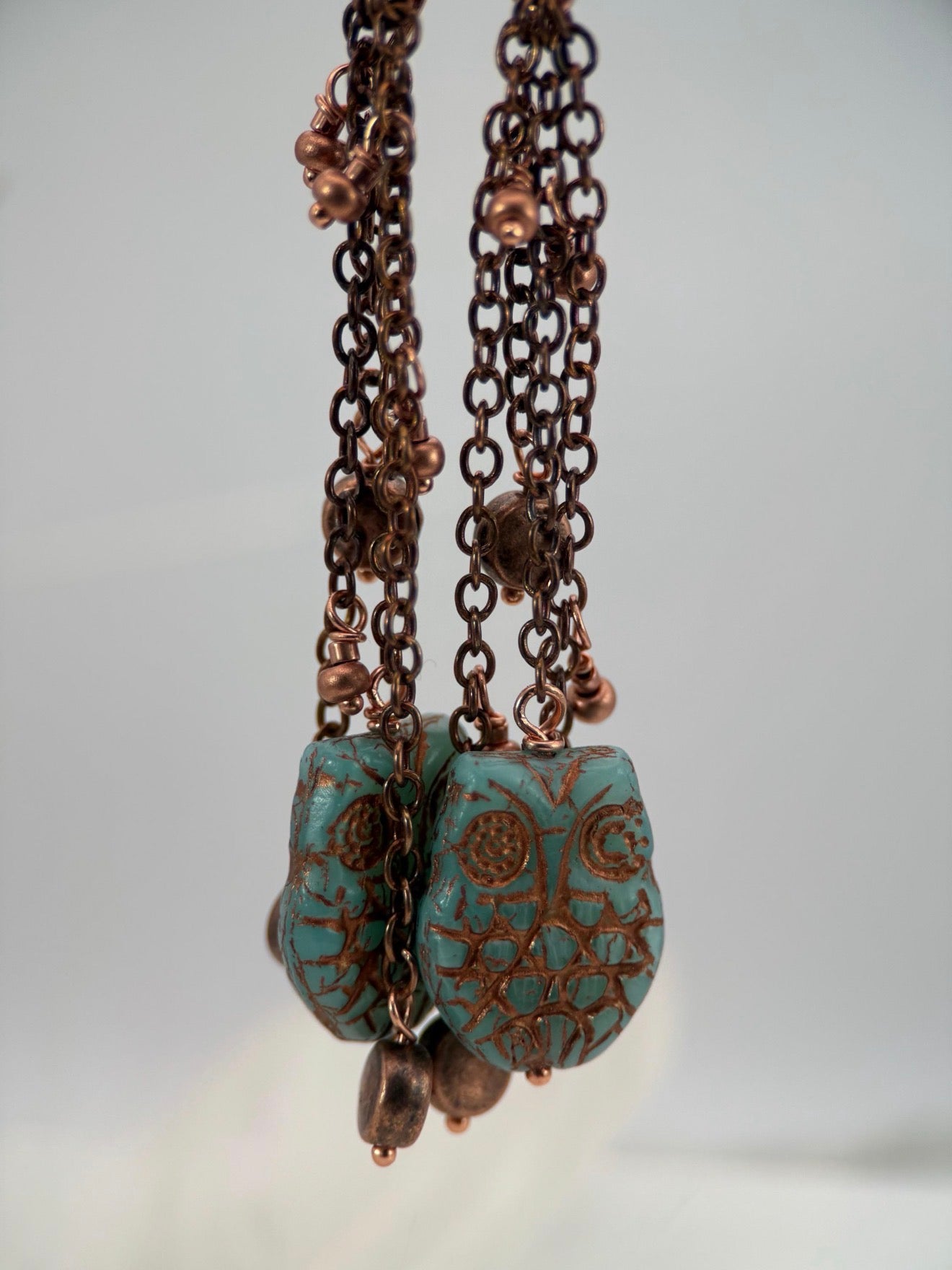 Medium Copper Owl Czech Glass Bracelet and Earrings Set