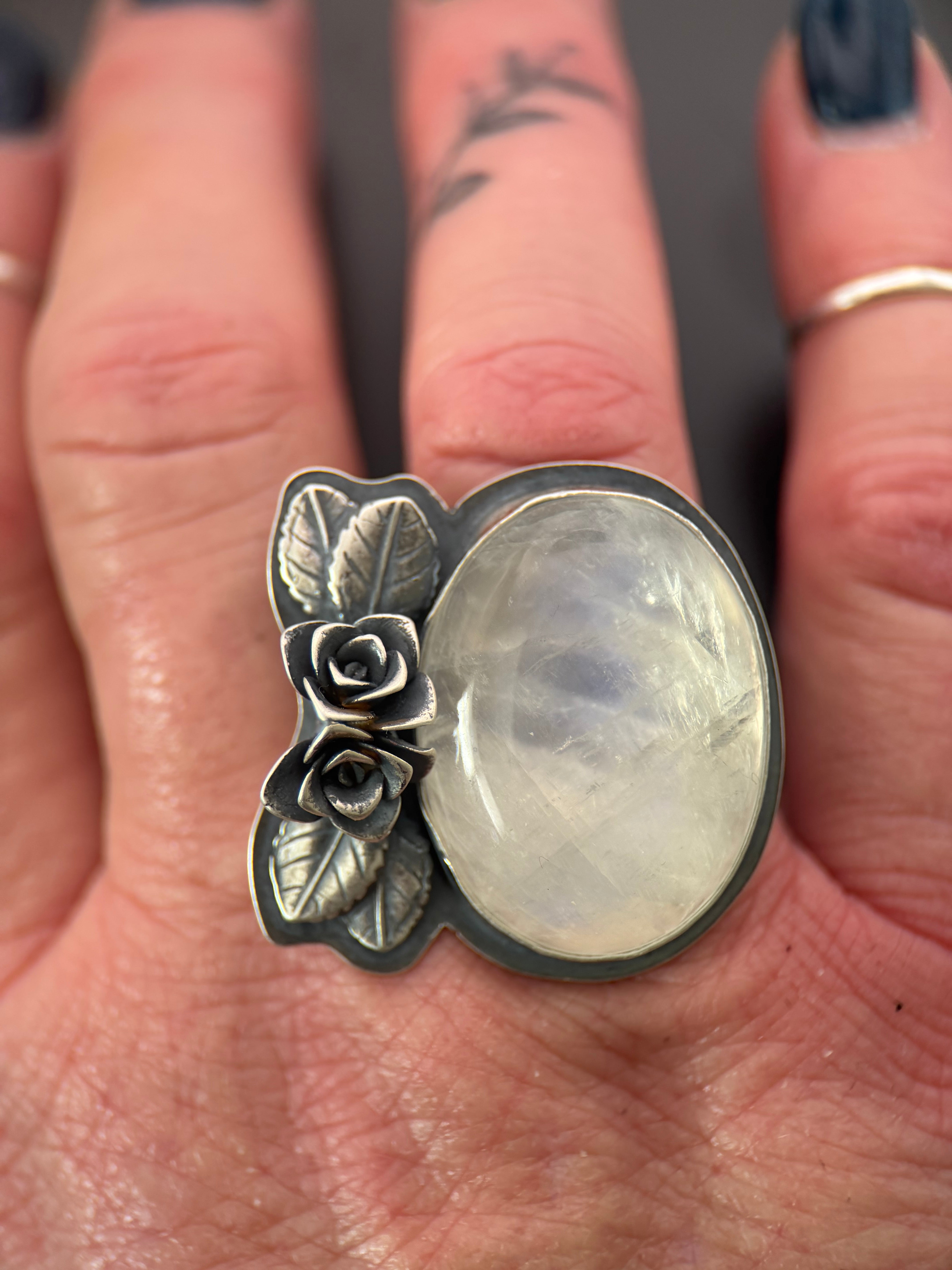Oval Rainbow Moonstone Silver Rose Statement Ring