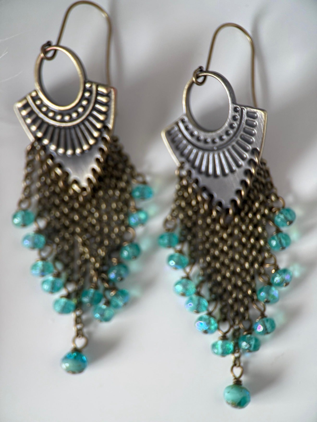 Brass Czech Glass Blue Arrow Earrings