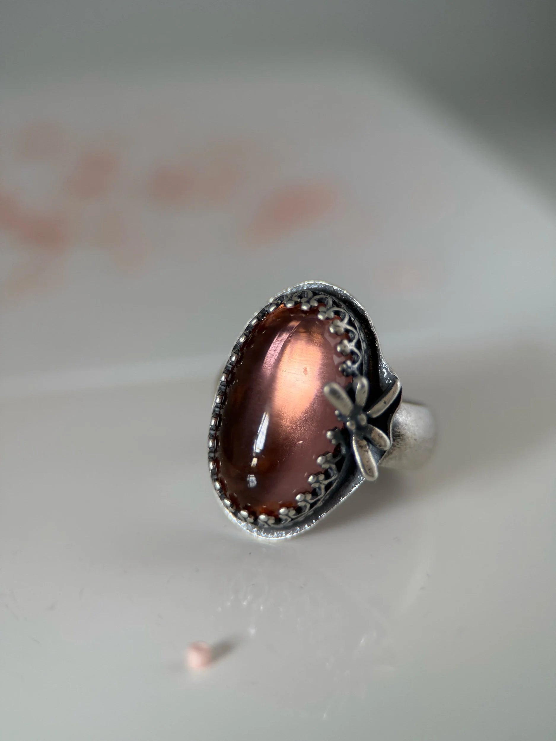 Peach Fuzz Saphyr Stone Dragonfly Ring