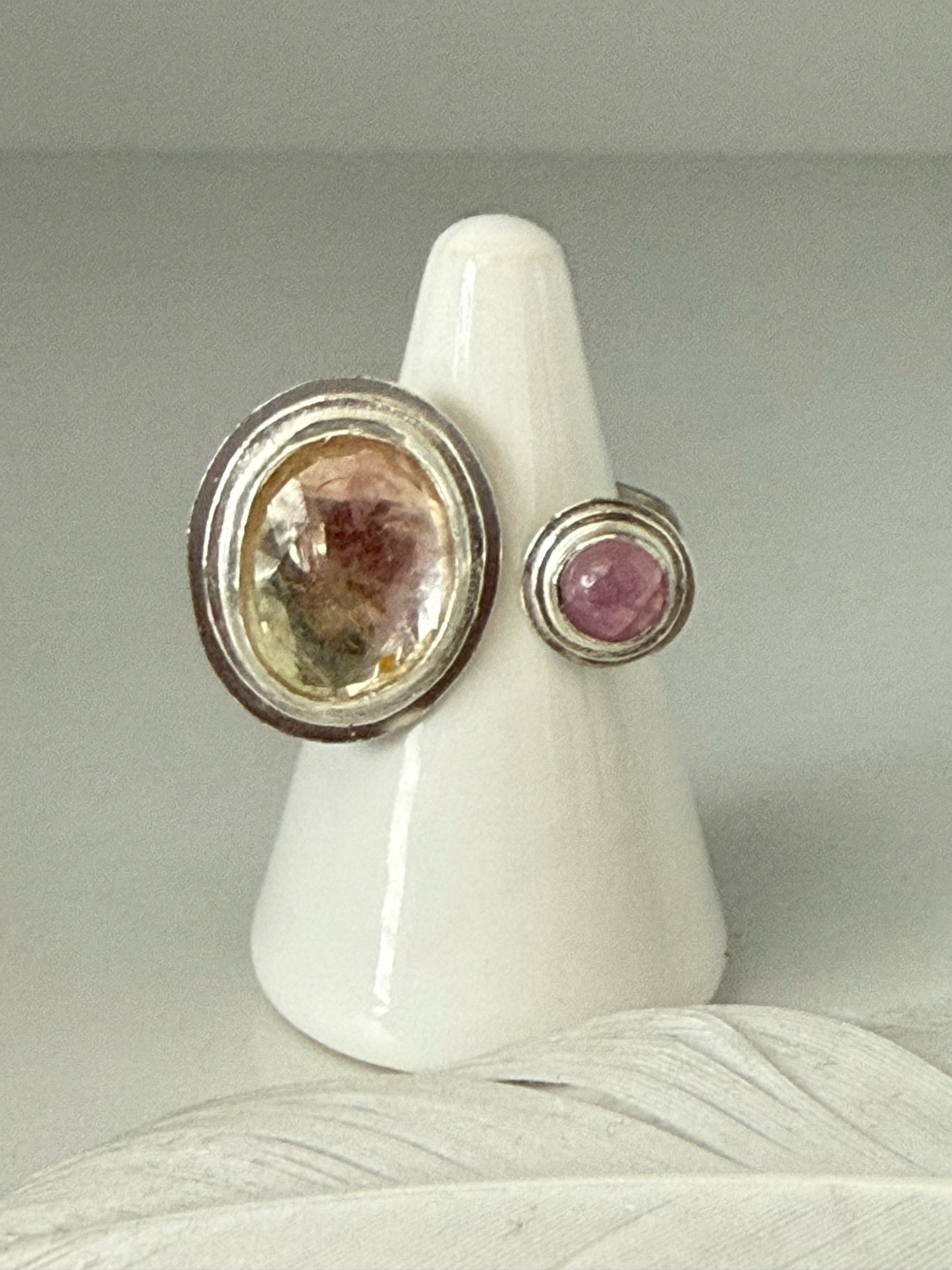 Kunzite and Tourmaline Open Concept Ring