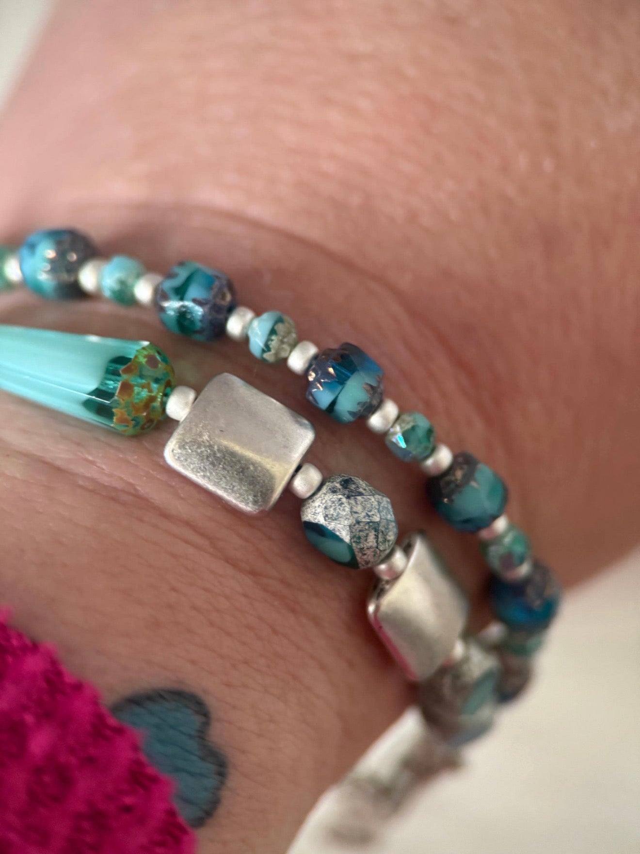 Medium Aqua Czech Glass Double Strand Bracelet