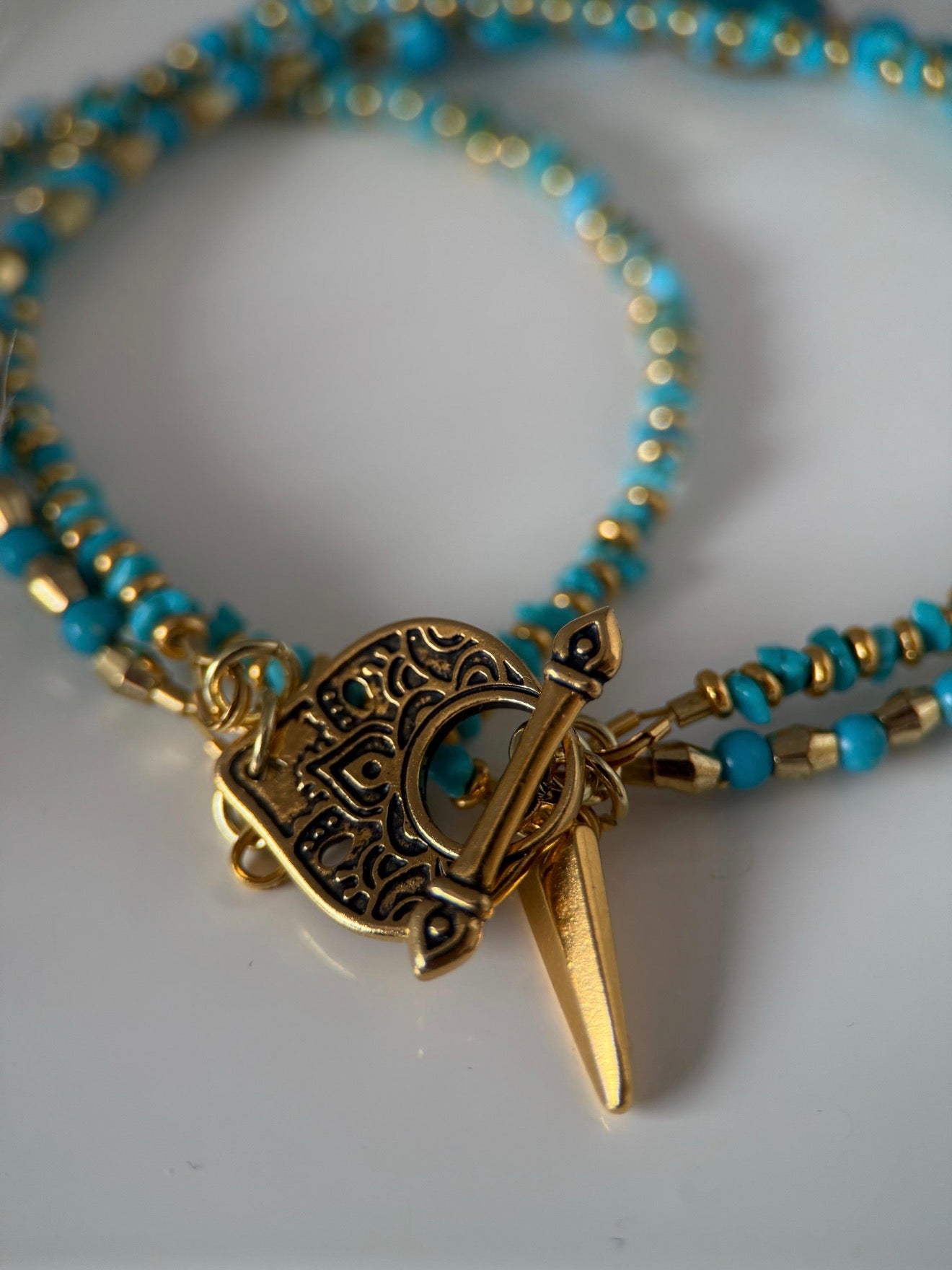 Medium Gold and Turquoise Triple Strand Bracelet and Earrings Set