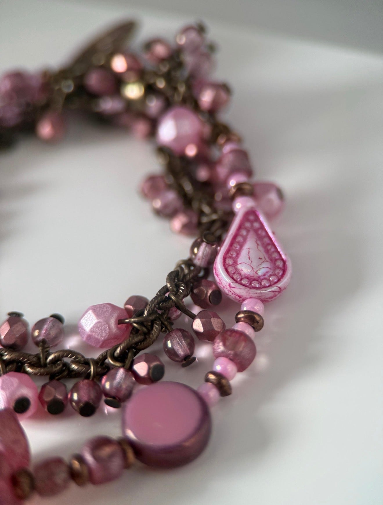 Medium Brass Czech Glass Pink Bird Double Strand Bracelet