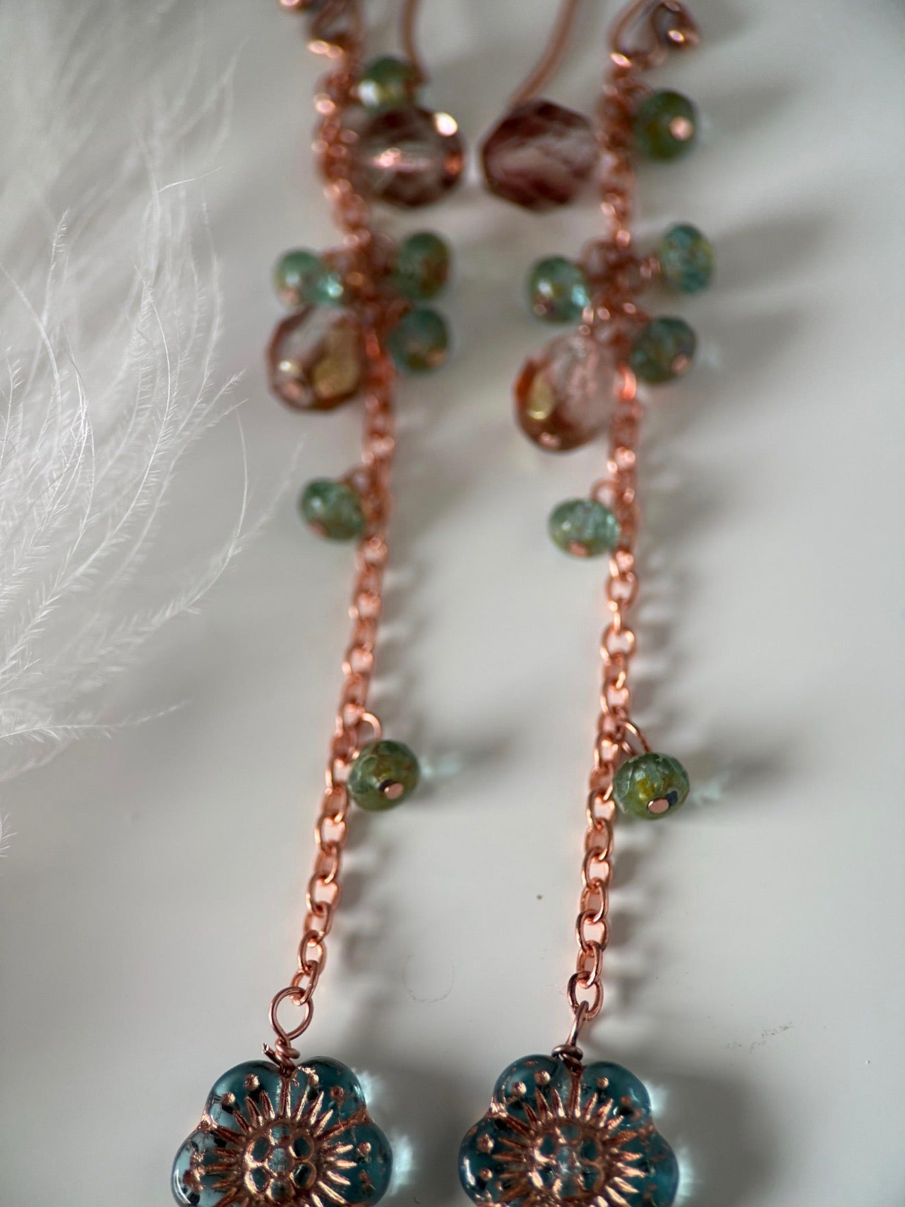 Copper Czech Glass Rose Earrings