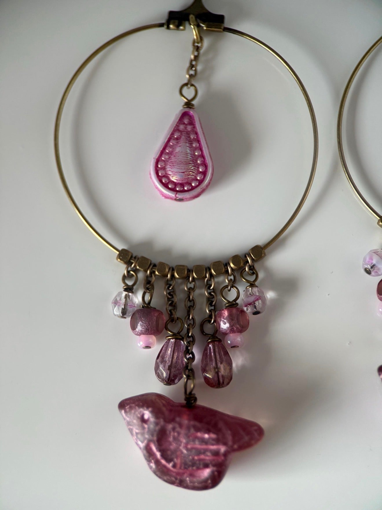 Brass Czech Glass Pink Bird Earrings