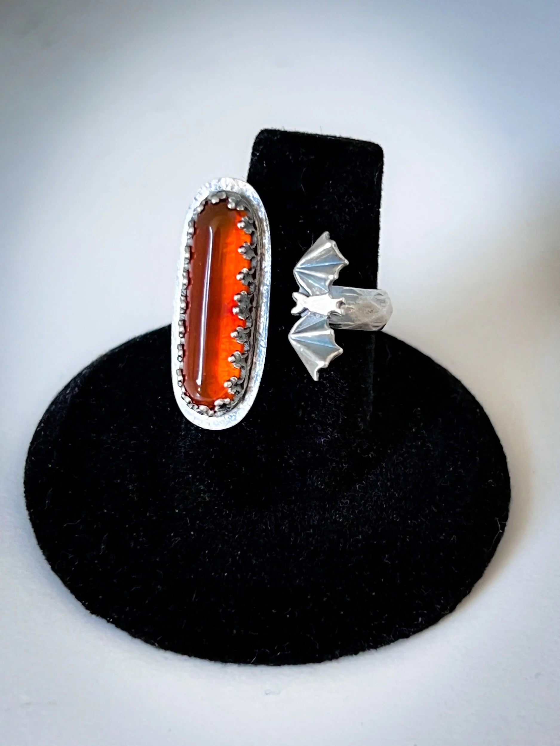 Open Concept Fire Opal & Bat Halloween Adjustable Ring