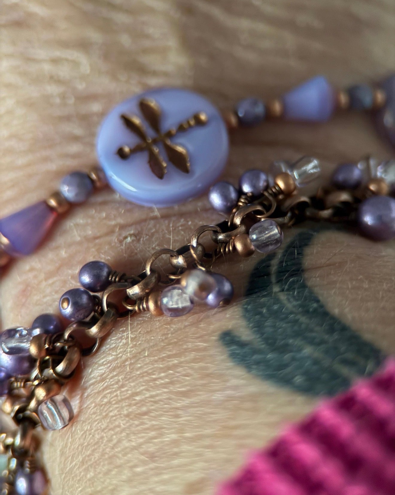 Medium Copper & Lavender Dragonfly Czech Glass Double Strand Bracelet