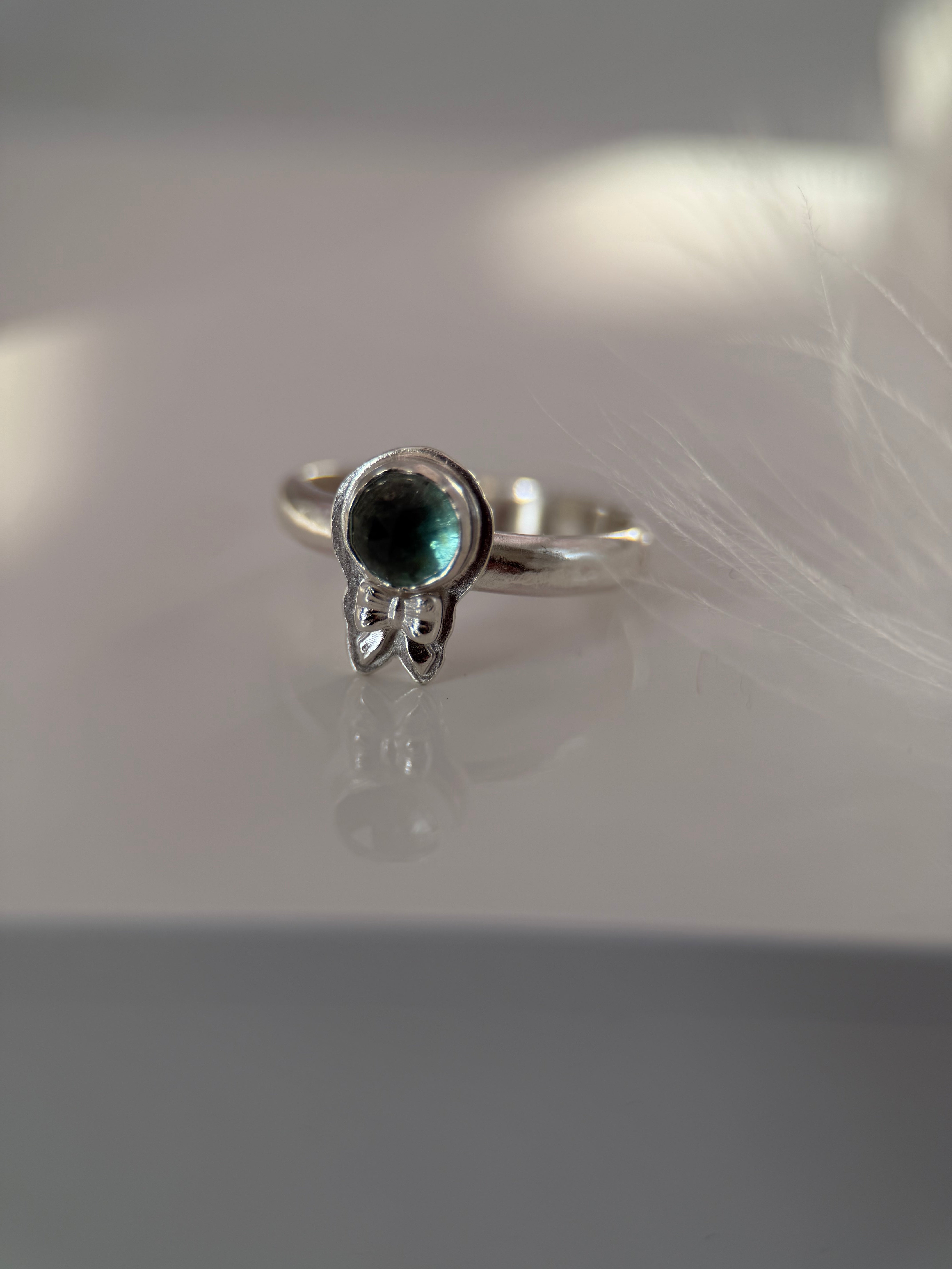Indicolite Tourmaline Bow Silver Ring