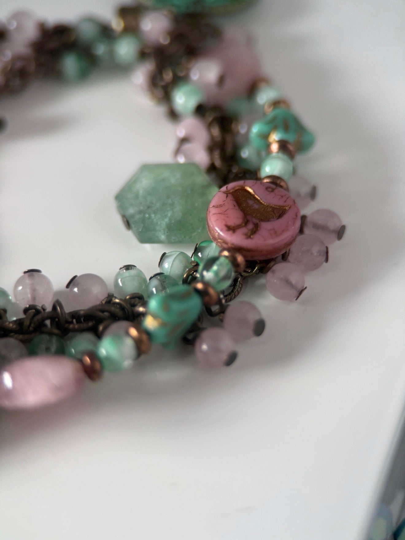 Medium Brass, Rose Quartz, Green Chalcedony and Czech Glass Flower Double Strand Bracelet