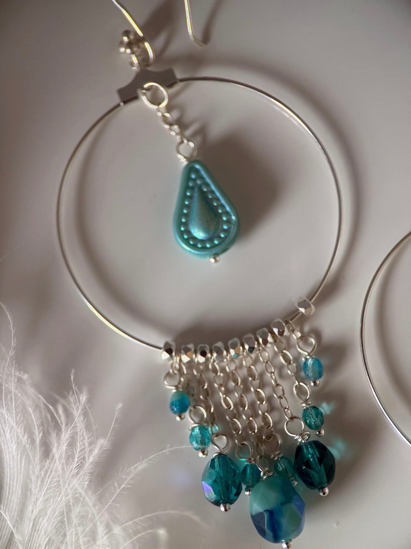 Turquoise and Silver Czech Glass Statement Earrings