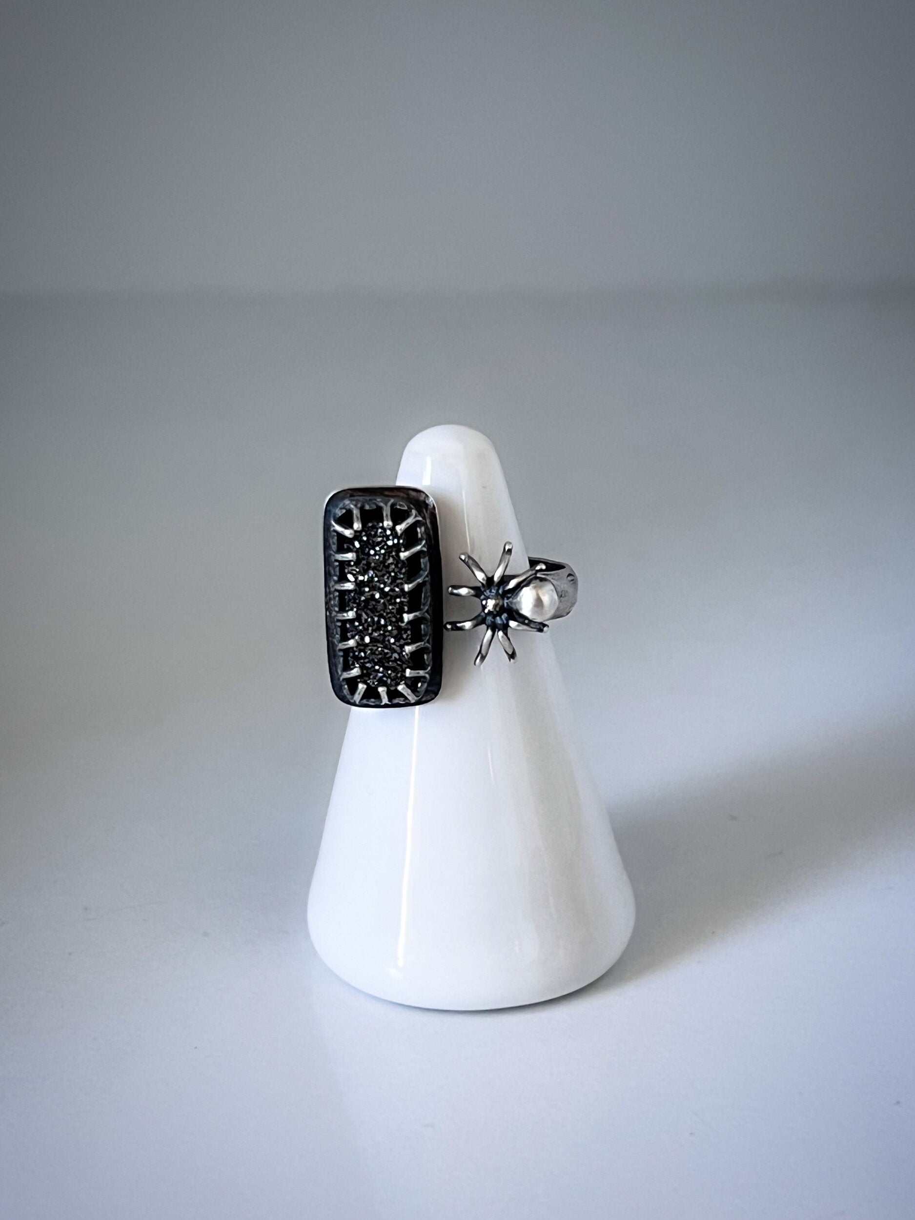 Open Concept Black Knight Druzy & Spider Halloween Ring