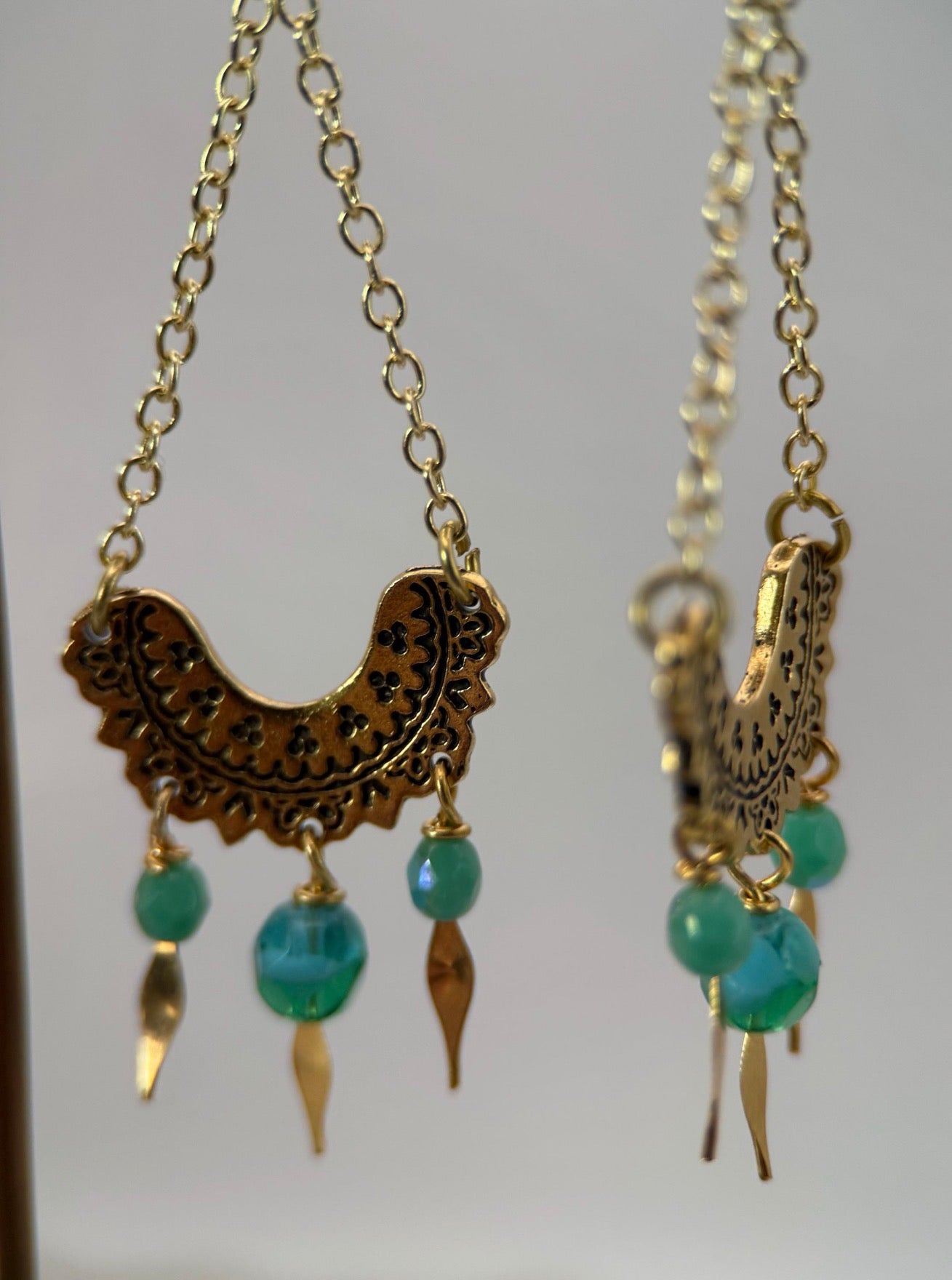 Gold and Turquoise Czech Glass Mandala Earrings