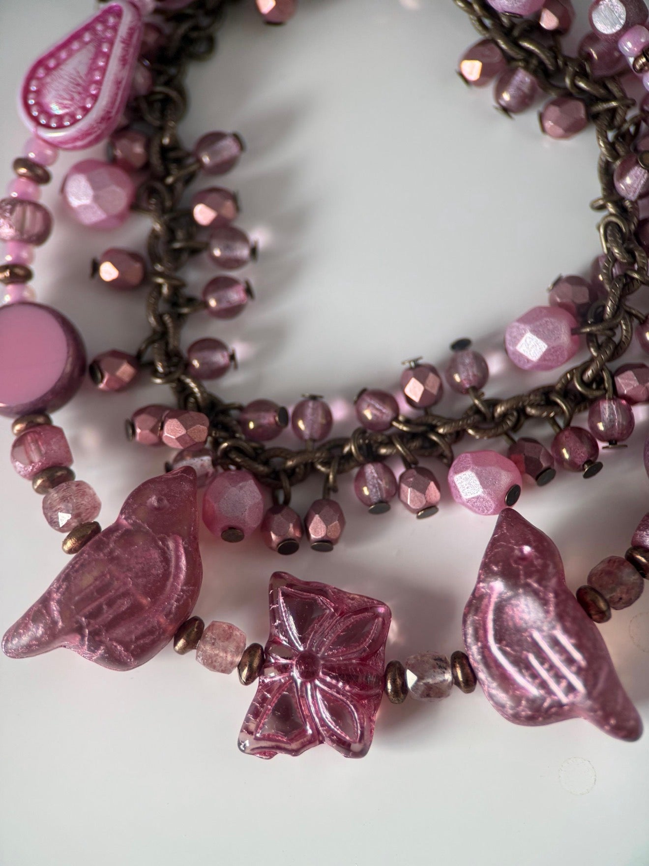 Medium Brass Czech Glass Pink Bird Double Strand Bracelet