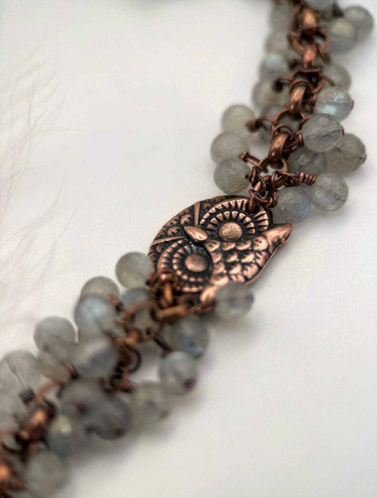 Medium Antique Copper and Labradorite Owl Bracelet