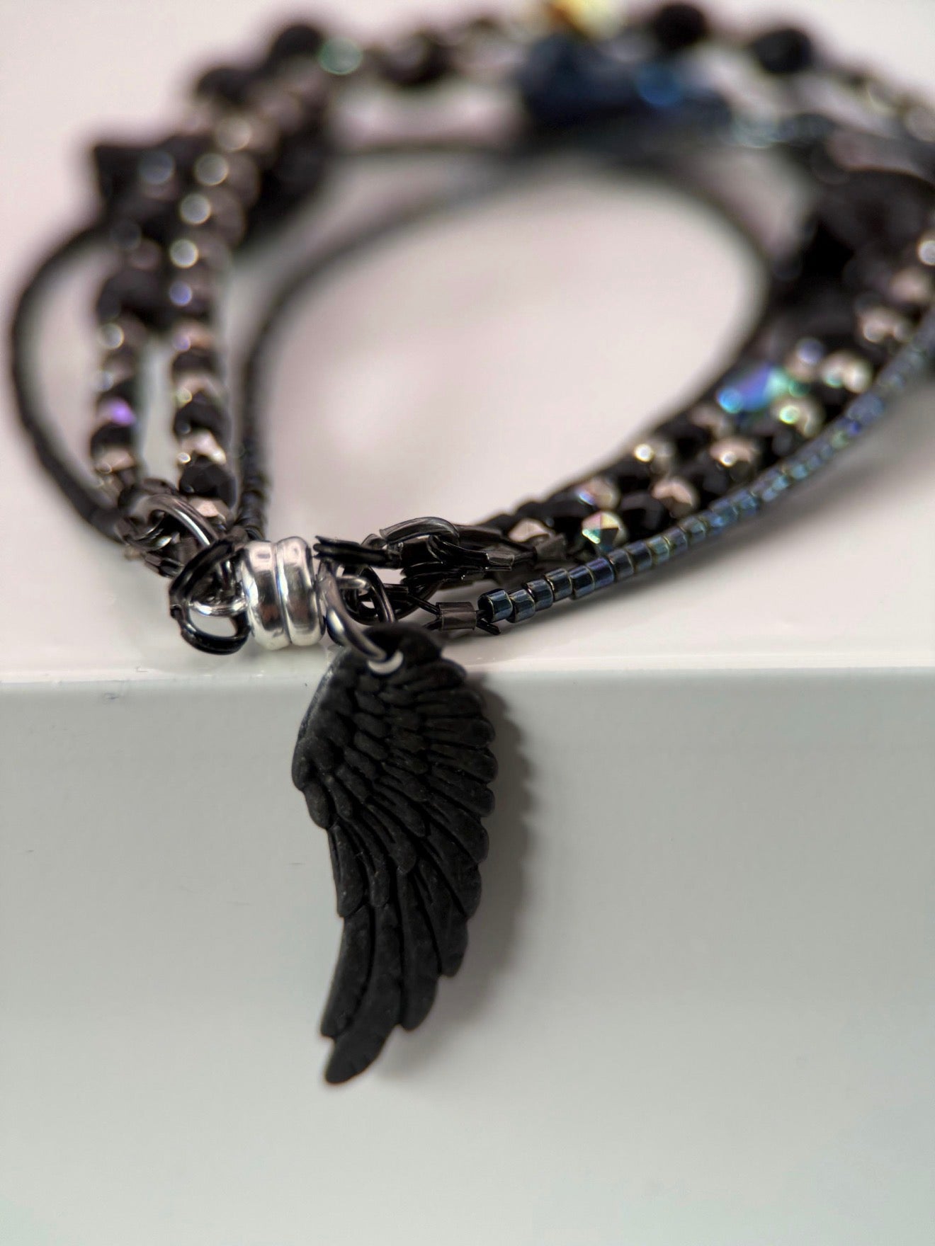 Medium Black Owl Czech Glass Bracelet and Earrings Set