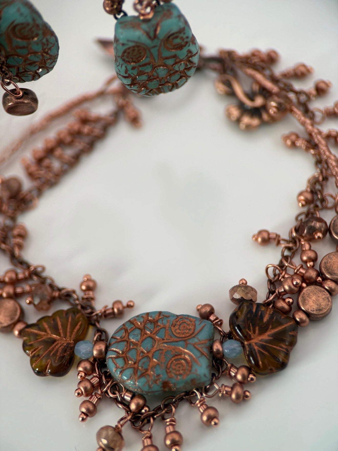 Medium Copper Owl Czech Glass Bracelet and Earrings Set