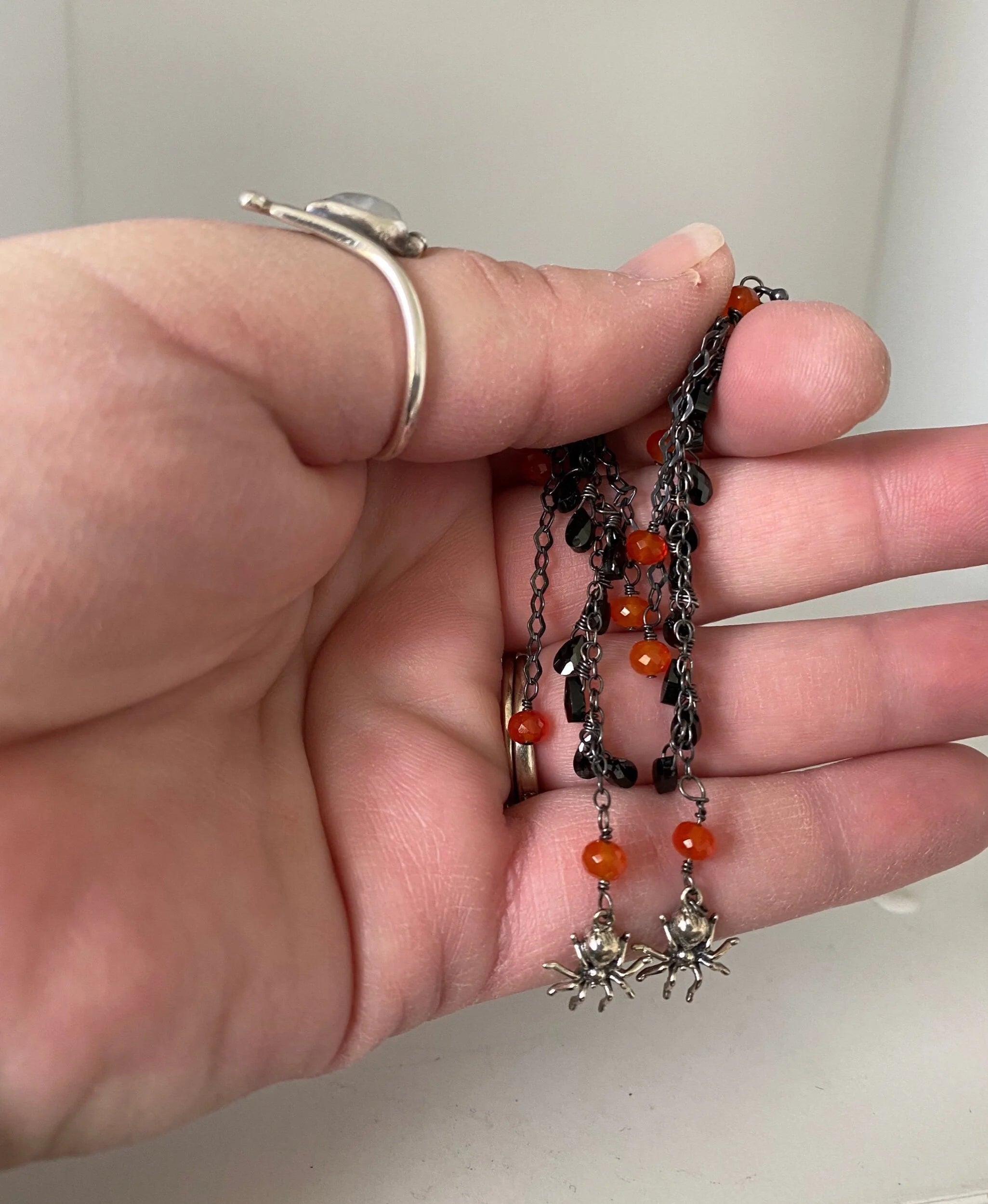 Black Spinel, Carnelian, and Spider Dangle Halloween Earrings