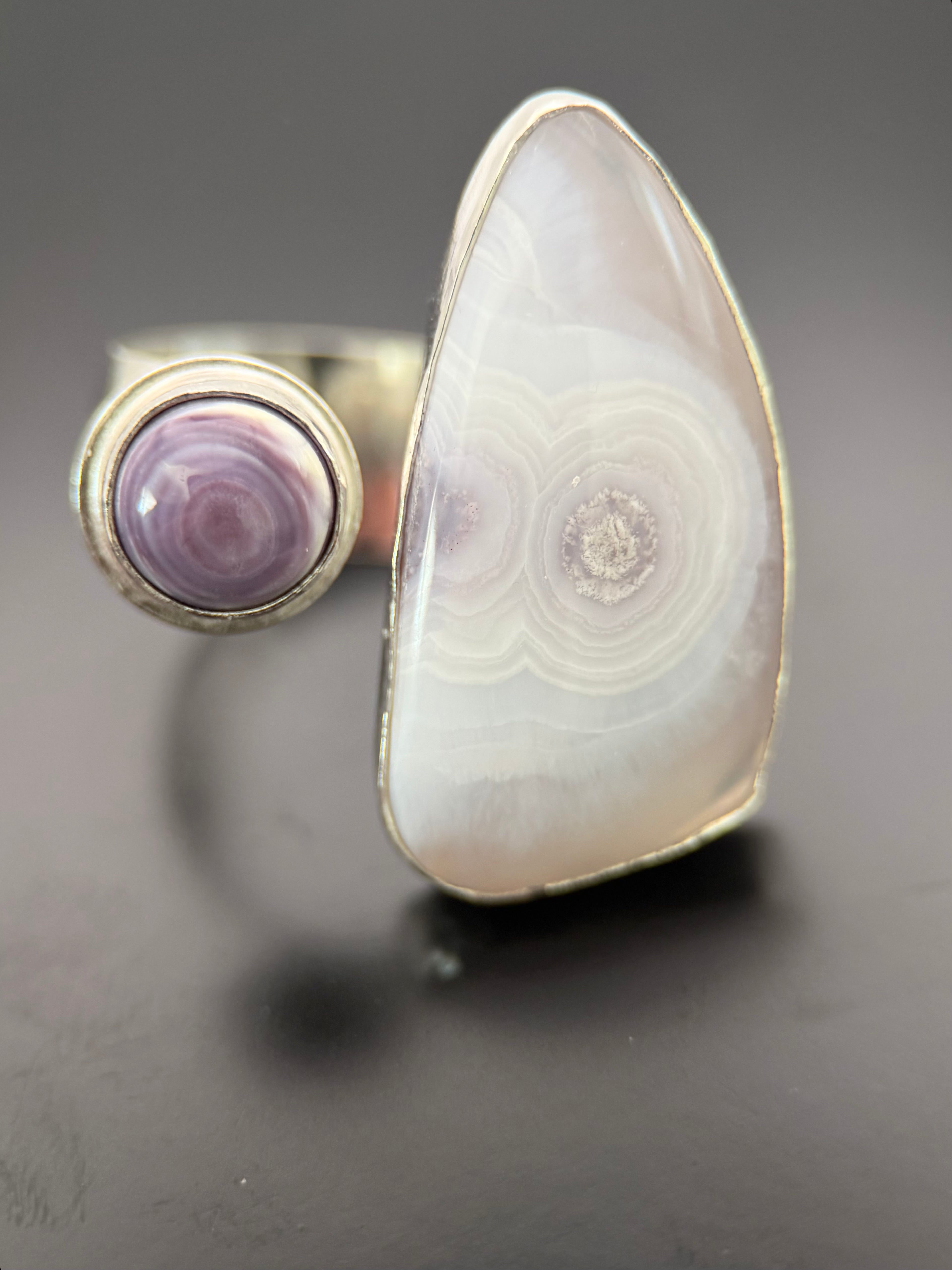 Open Concept Lavender Luna Agate and Wampum Shell Adjustable Ring