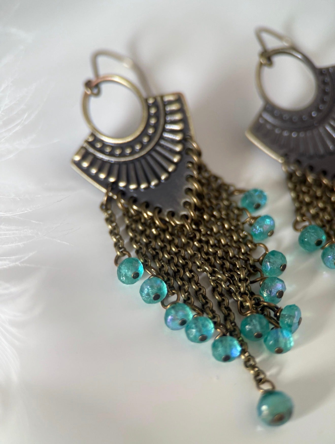 Brass Czech Glass Blue Arrow Earrings