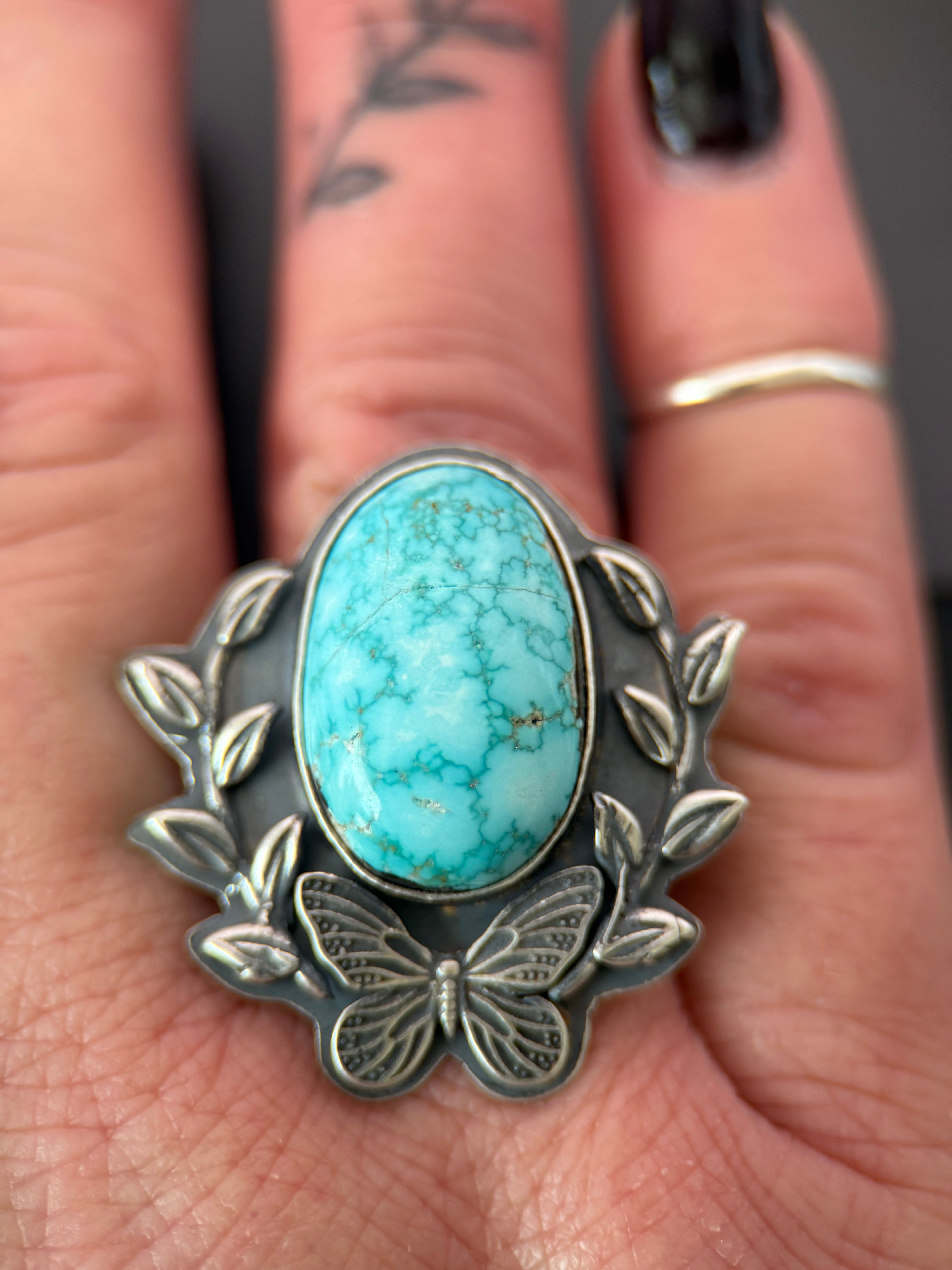 Blue Diamond Turquoise and Silver Butterfly Adjustable Ring