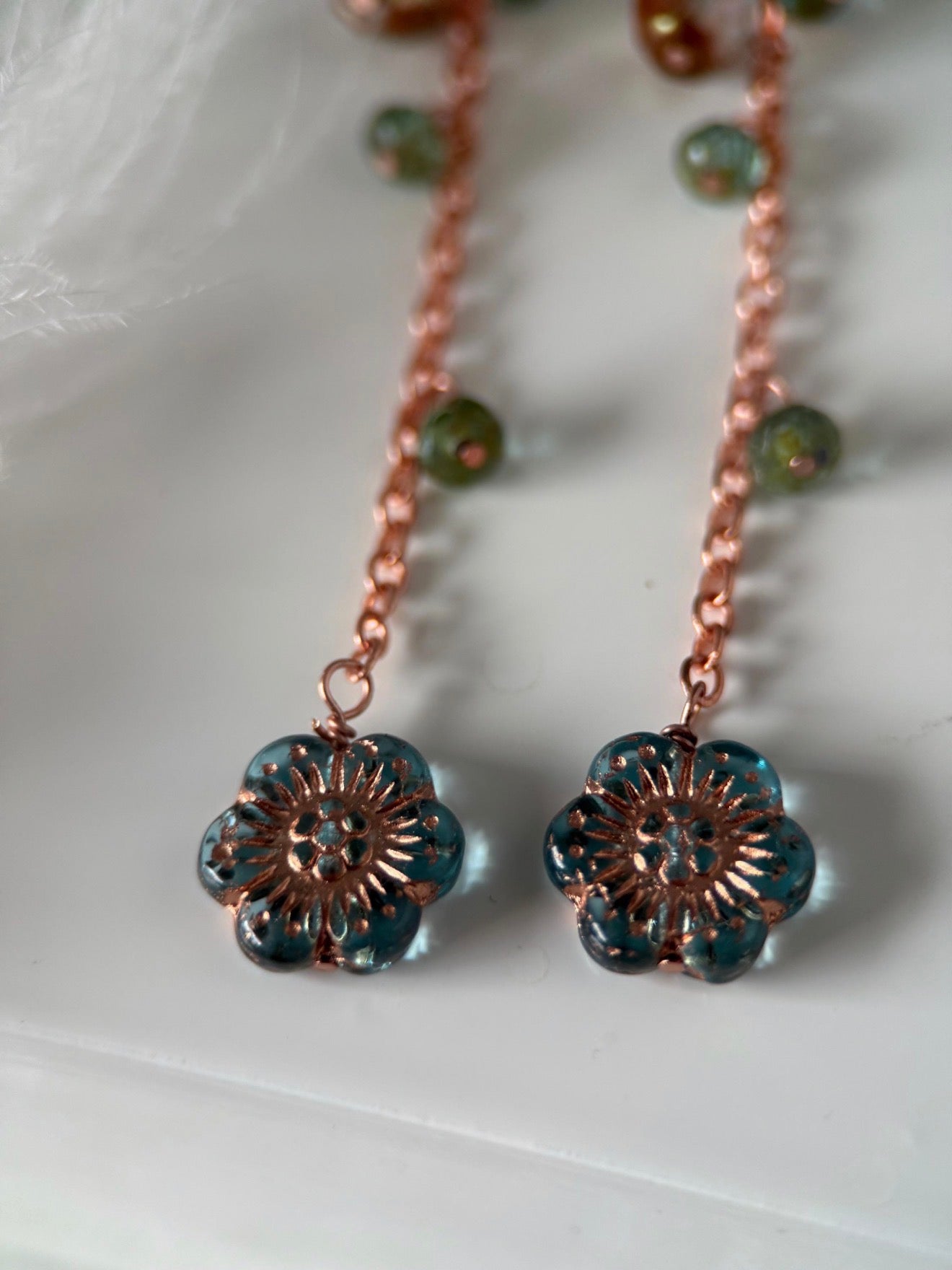 Copper Czech Glass Rose Earrings
