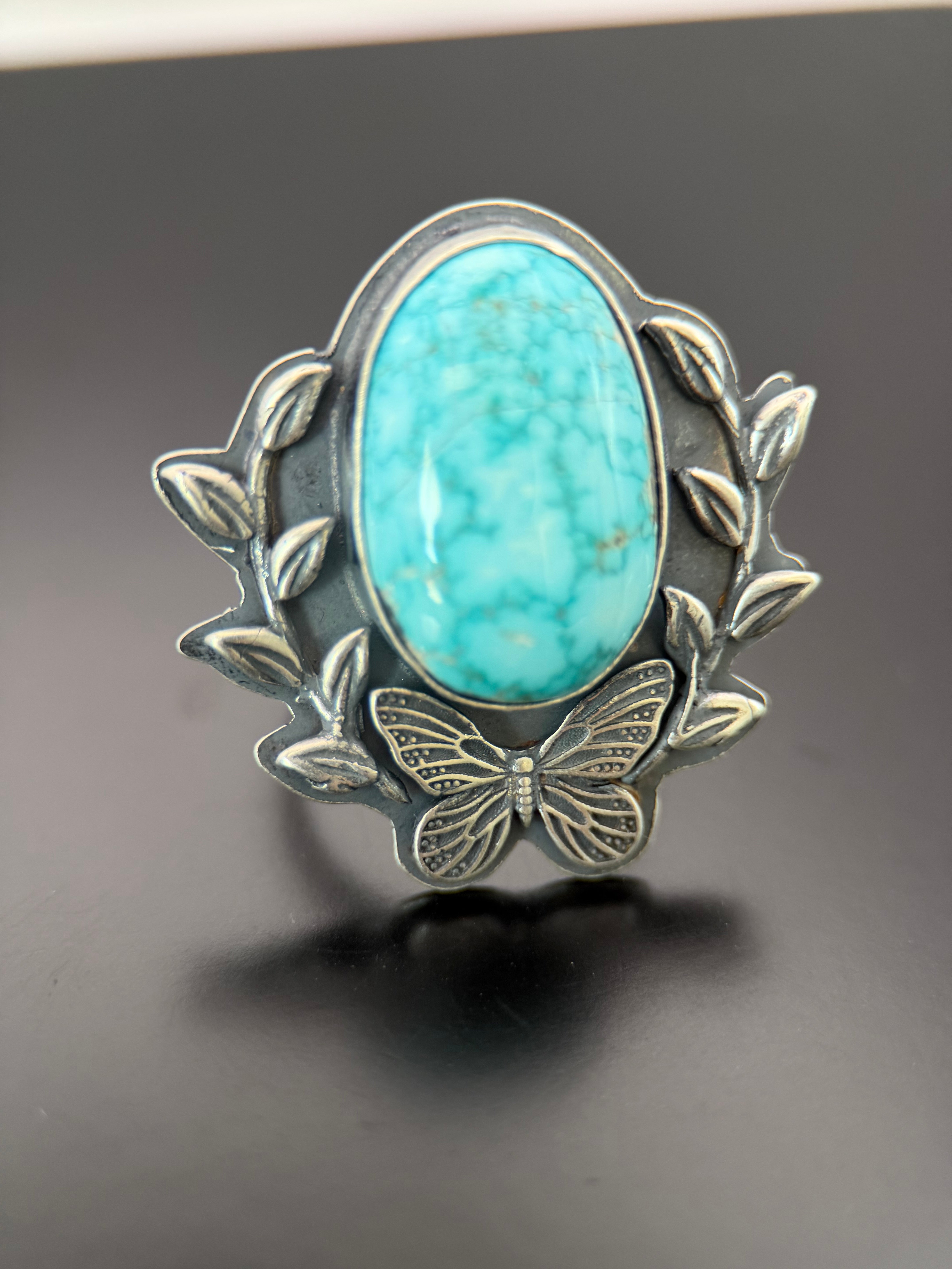 Blue Diamond Turquoise and Silver Butterfly Adjustable Ring
