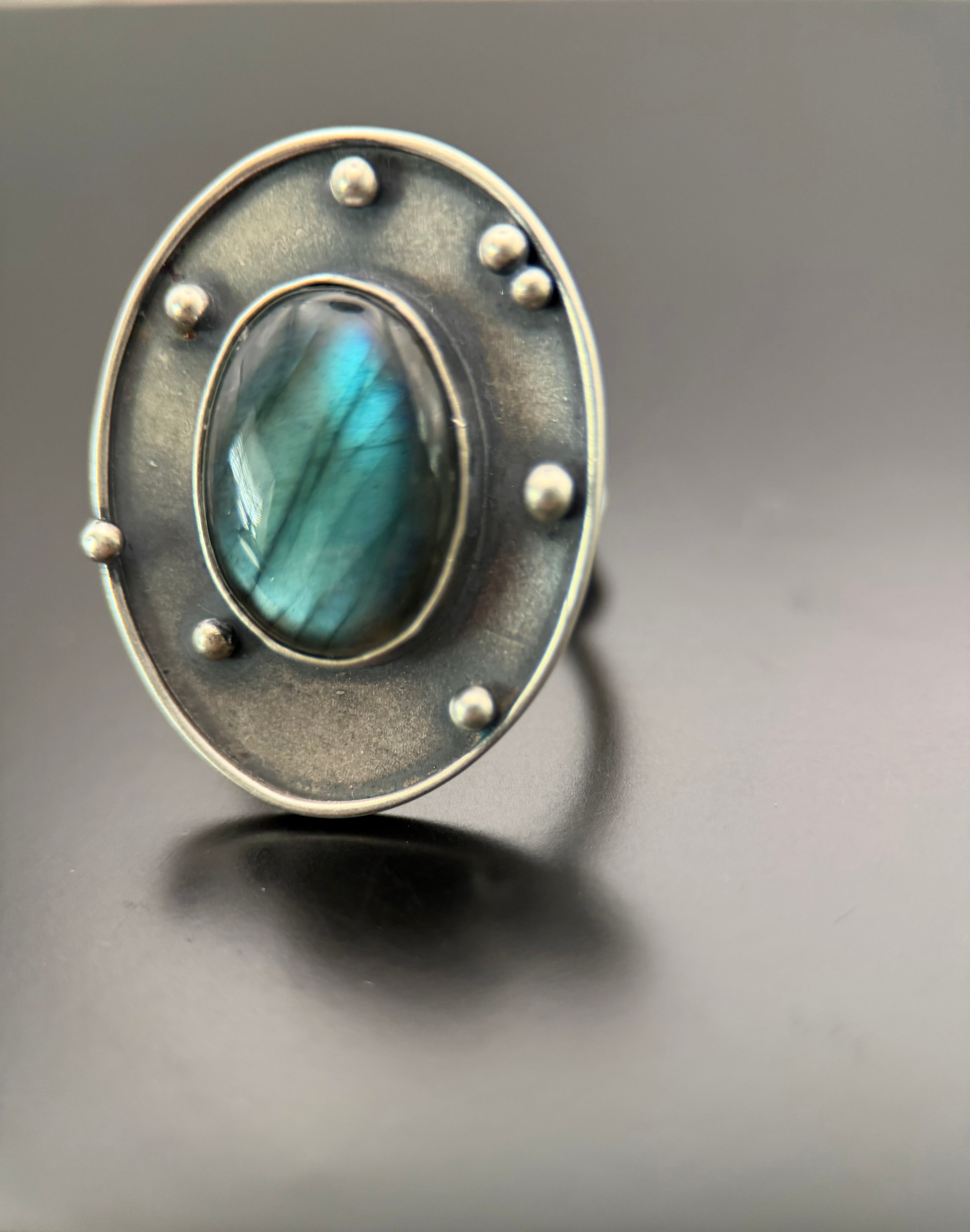 Blue Labradorite Shadowbox Silver Balls Ring