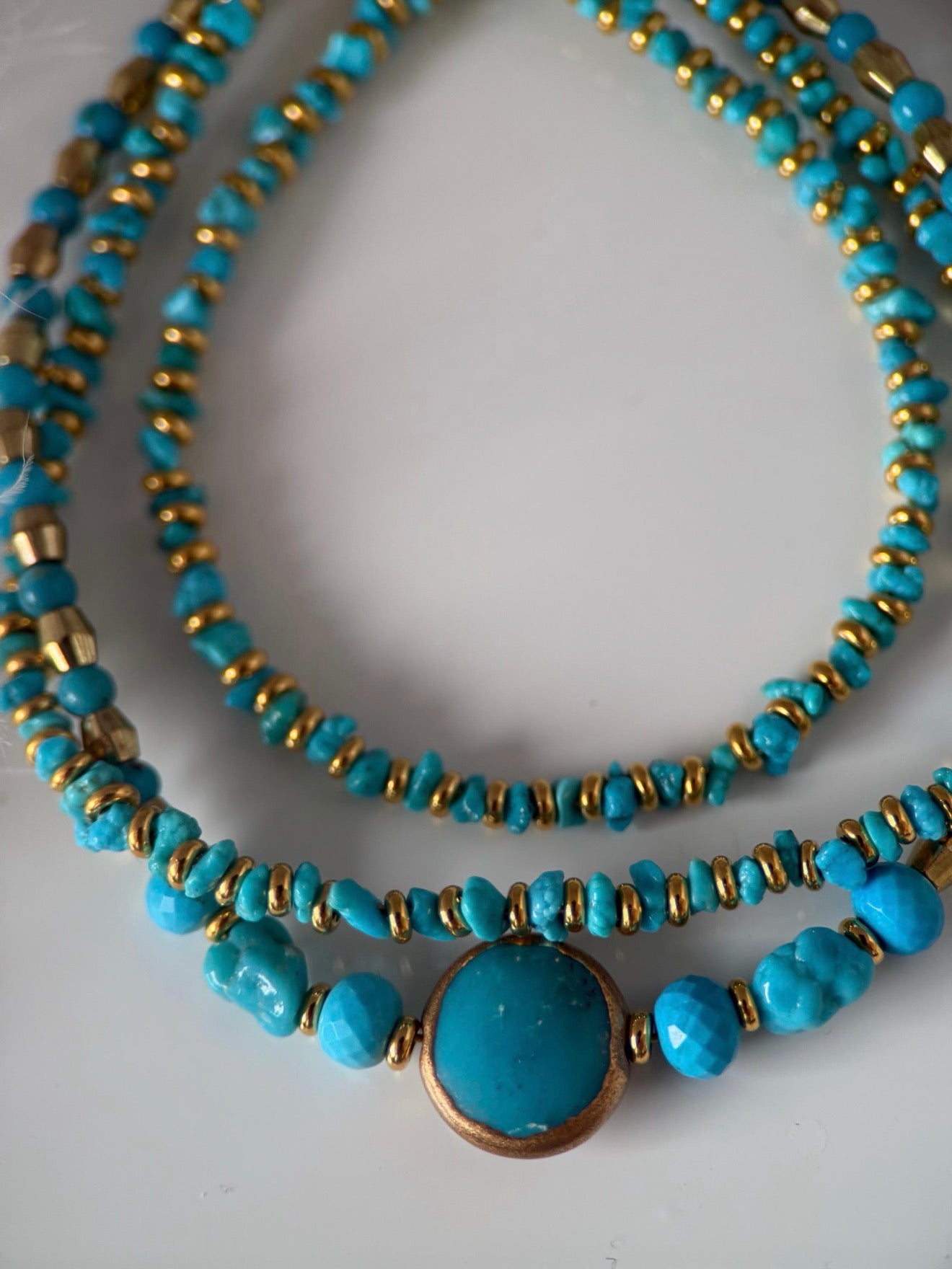 Medium Gold and Turquoise Triple Strand Bracelet and Earrings Set