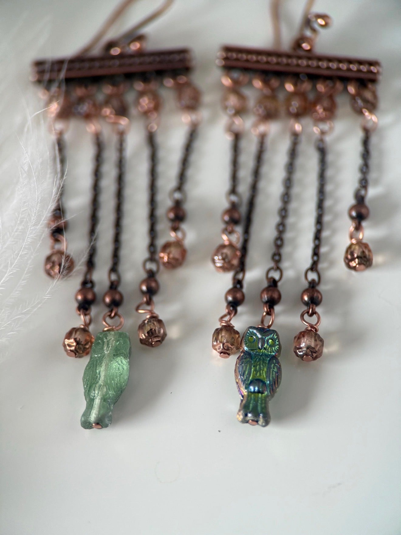 Copper Czech Glass Owl Earrings