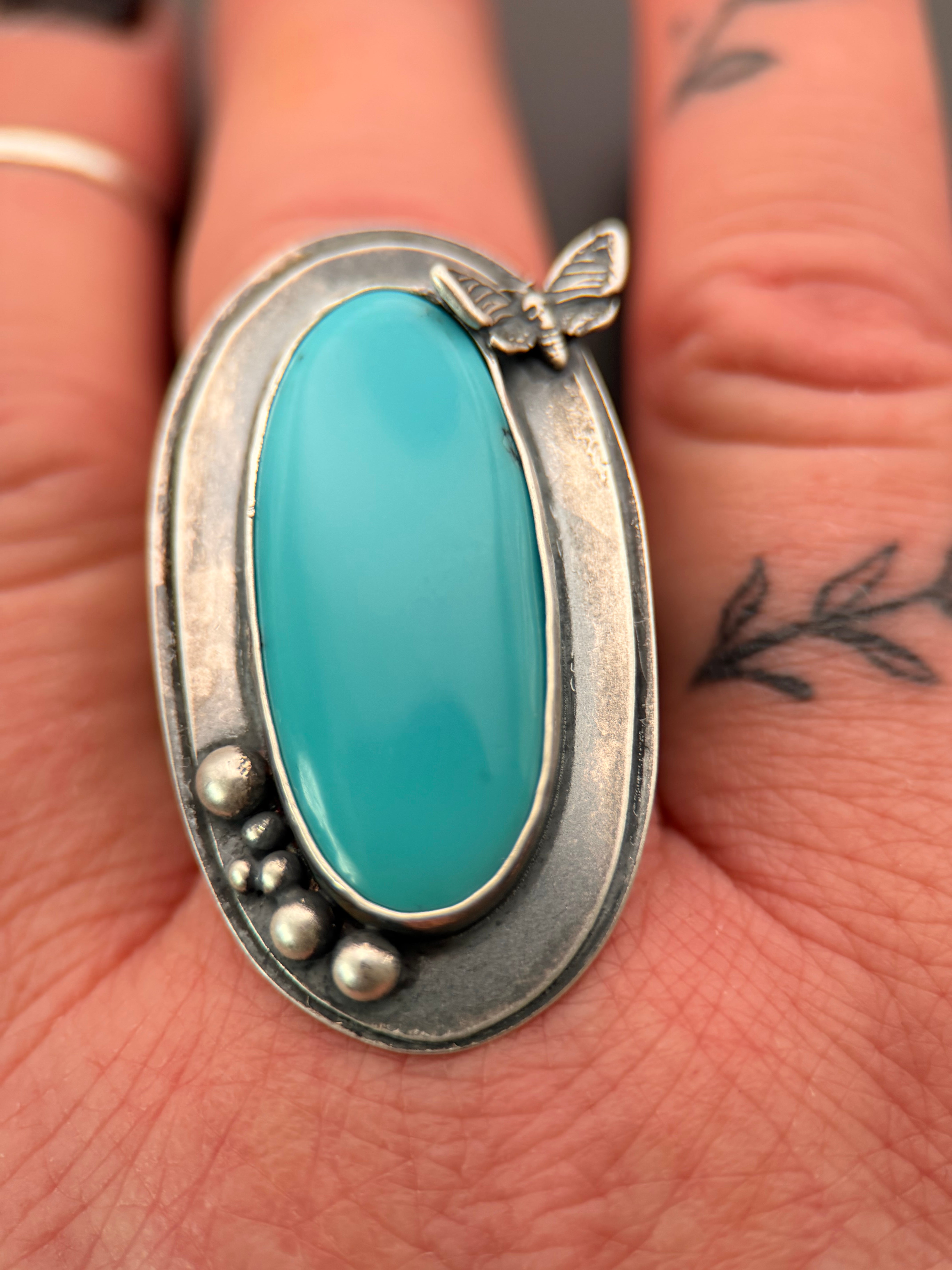 Black Hills Turquoise Death Moth Silver Plus Sized Ring