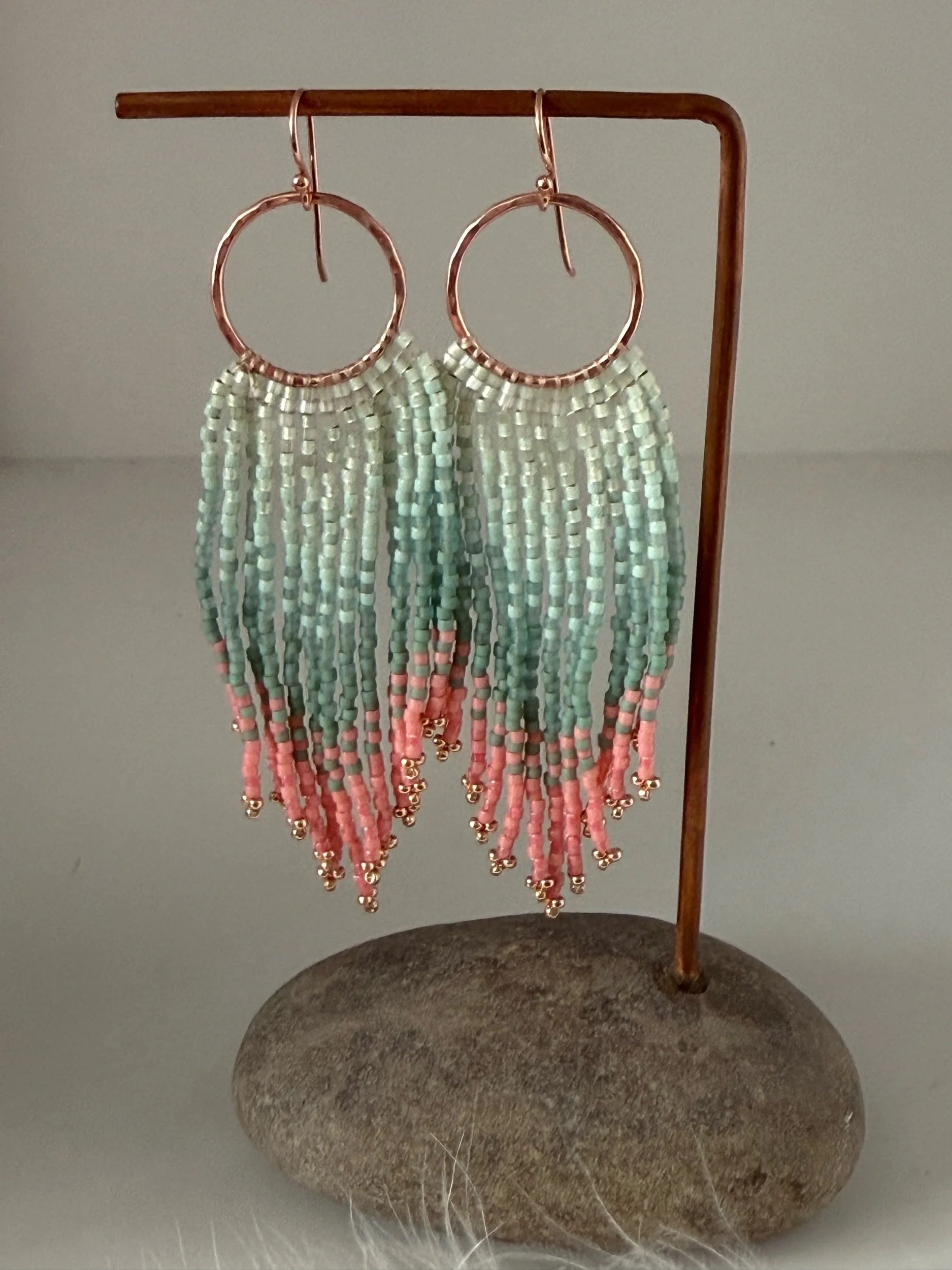 Rose Gold and Sage Green Fringe Earrings