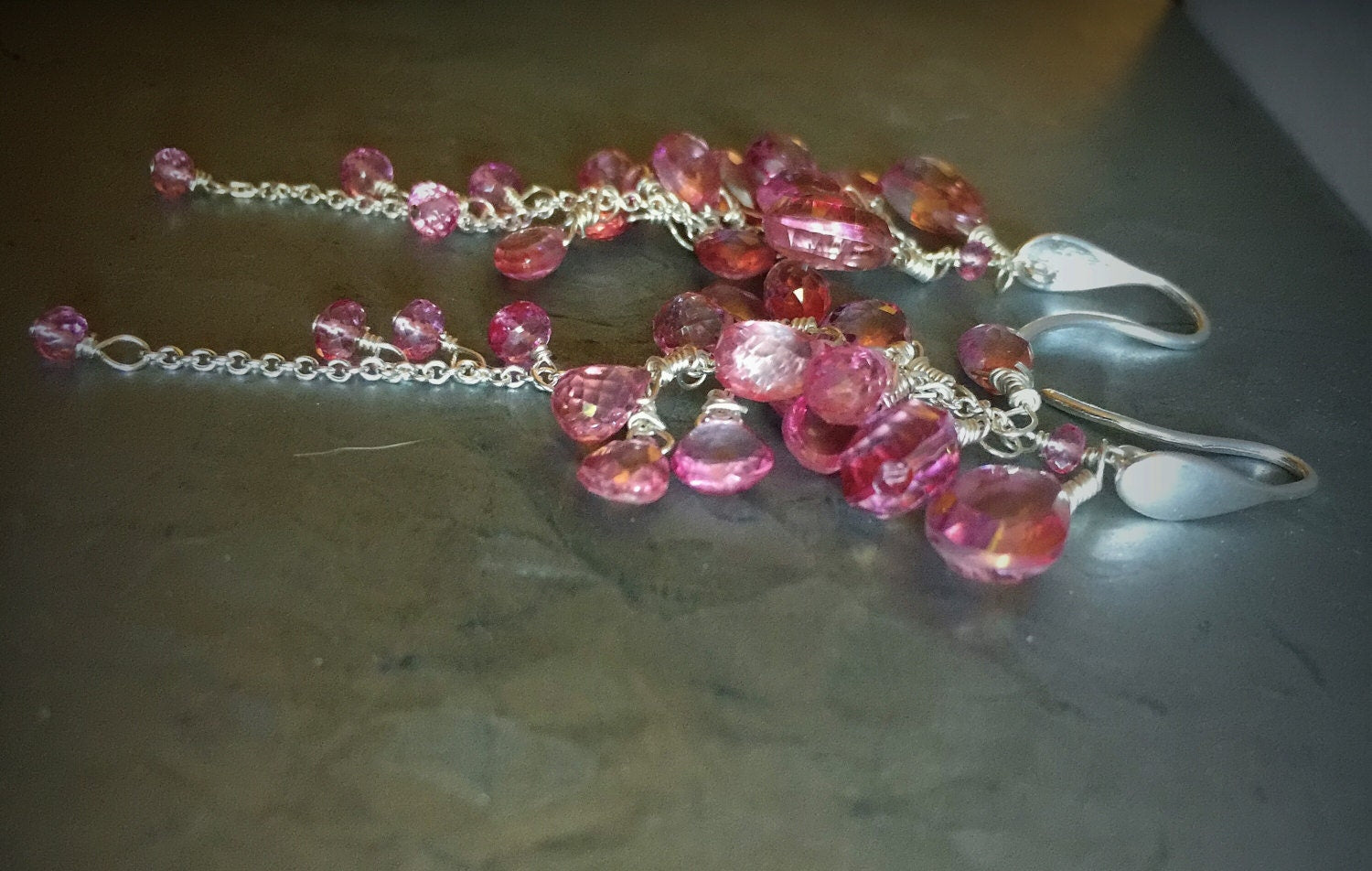 Bright Pink Topaz Reverse Cluster Long Dangle Silver Earrings