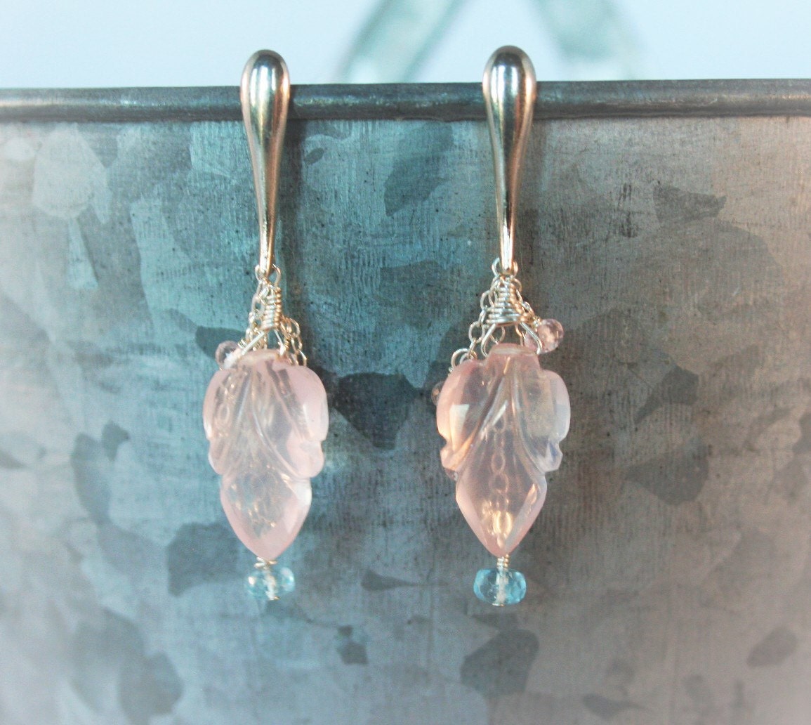 Petal Pink Carved Rose Quartz and Santa Maria Aquamarine Silver Earrings