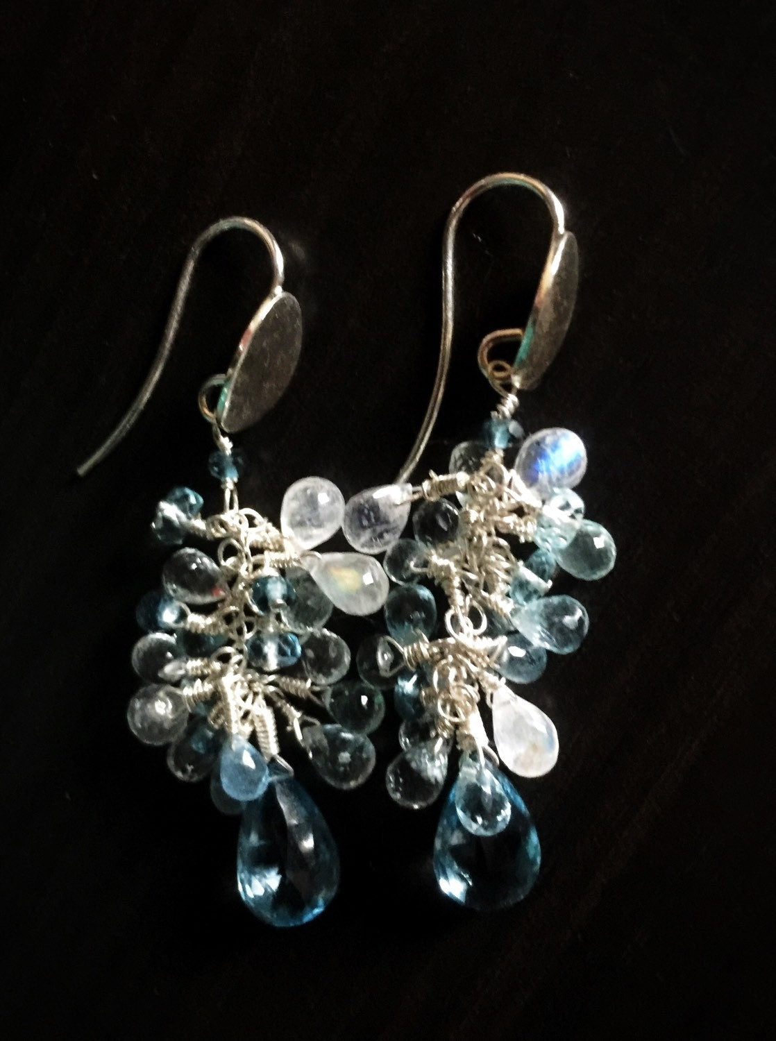 Beautiful London Blue Topaz, Aquamarine, and Moonstone Cluster Earrings
